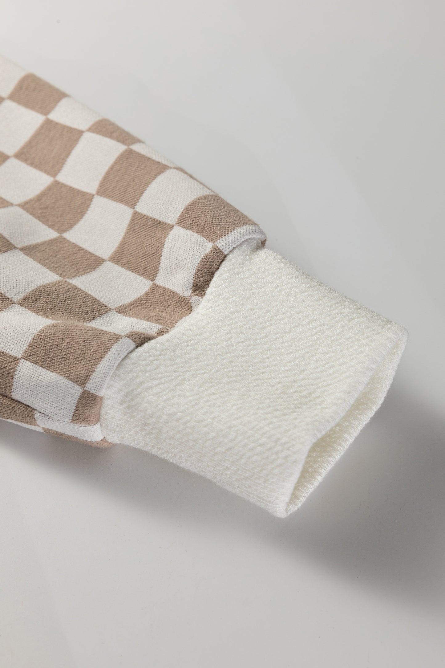 Khaki Checkered Print Quarter Zip Ribbed Patchwork Loose Sweatshirt-Tops/Sweatshirts & Hoodies-[Adult]-[Female]-2022 Online Blue Zone Planet