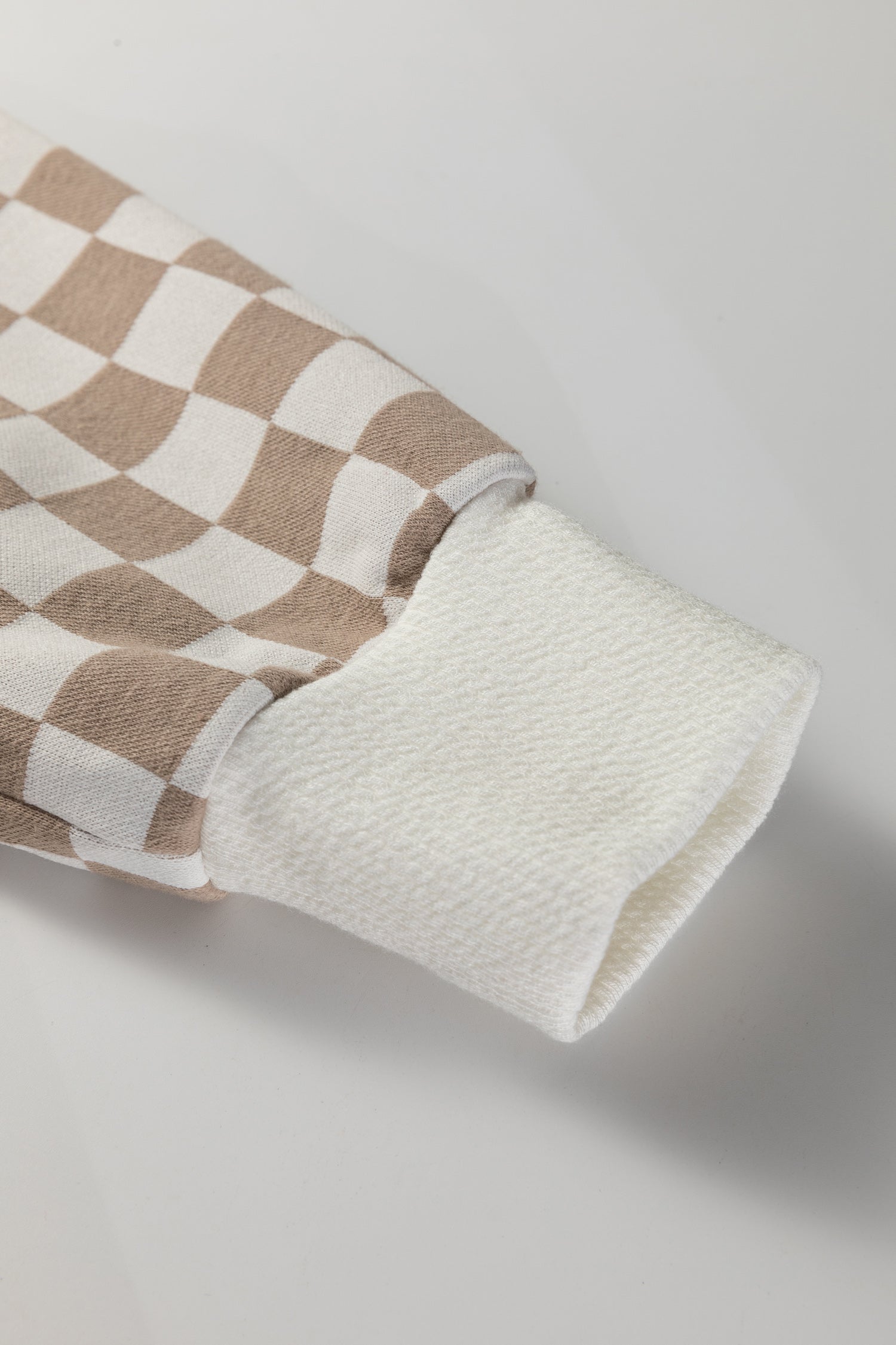 Khaki Checkered Print Quarter Zip Ribbed Patchwork Loose Sweatshirt-Tops/Sweatshirts & Hoodies-[Adult]-[Female]-2022 Online Blue Zone Planet