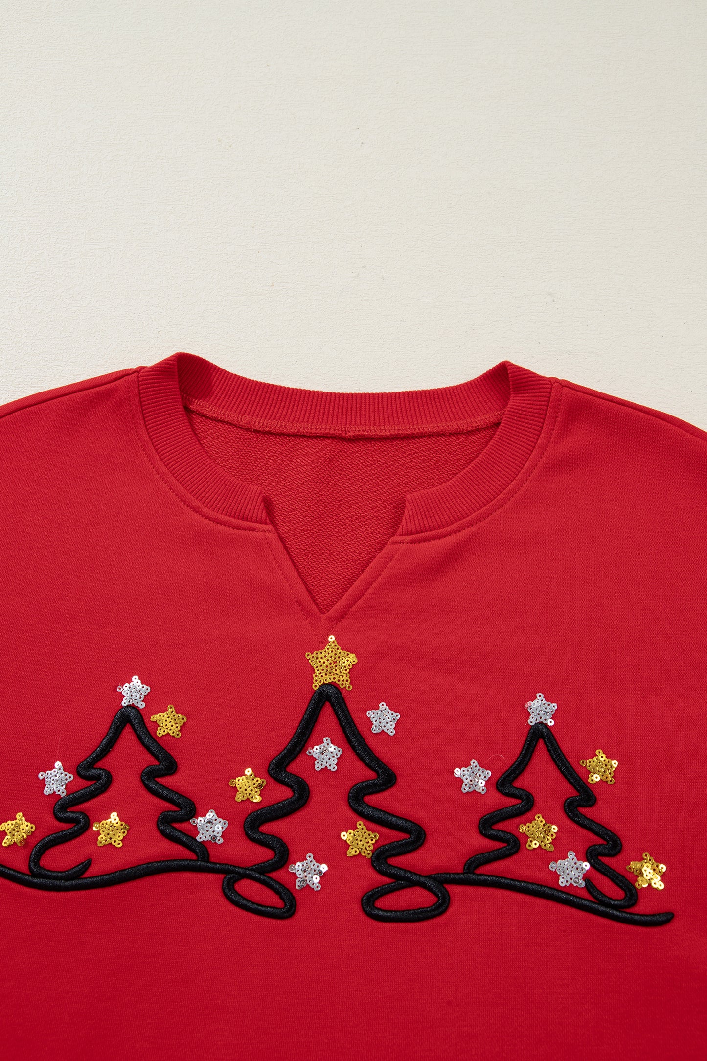 Tomato Red Christmas Tree Embroidered Notched Neck Cropped Sweatshirt-Tops/Sweatshirts & Hoodies-[Adult]-[Female]-2022 Online Blue Zone Planet
