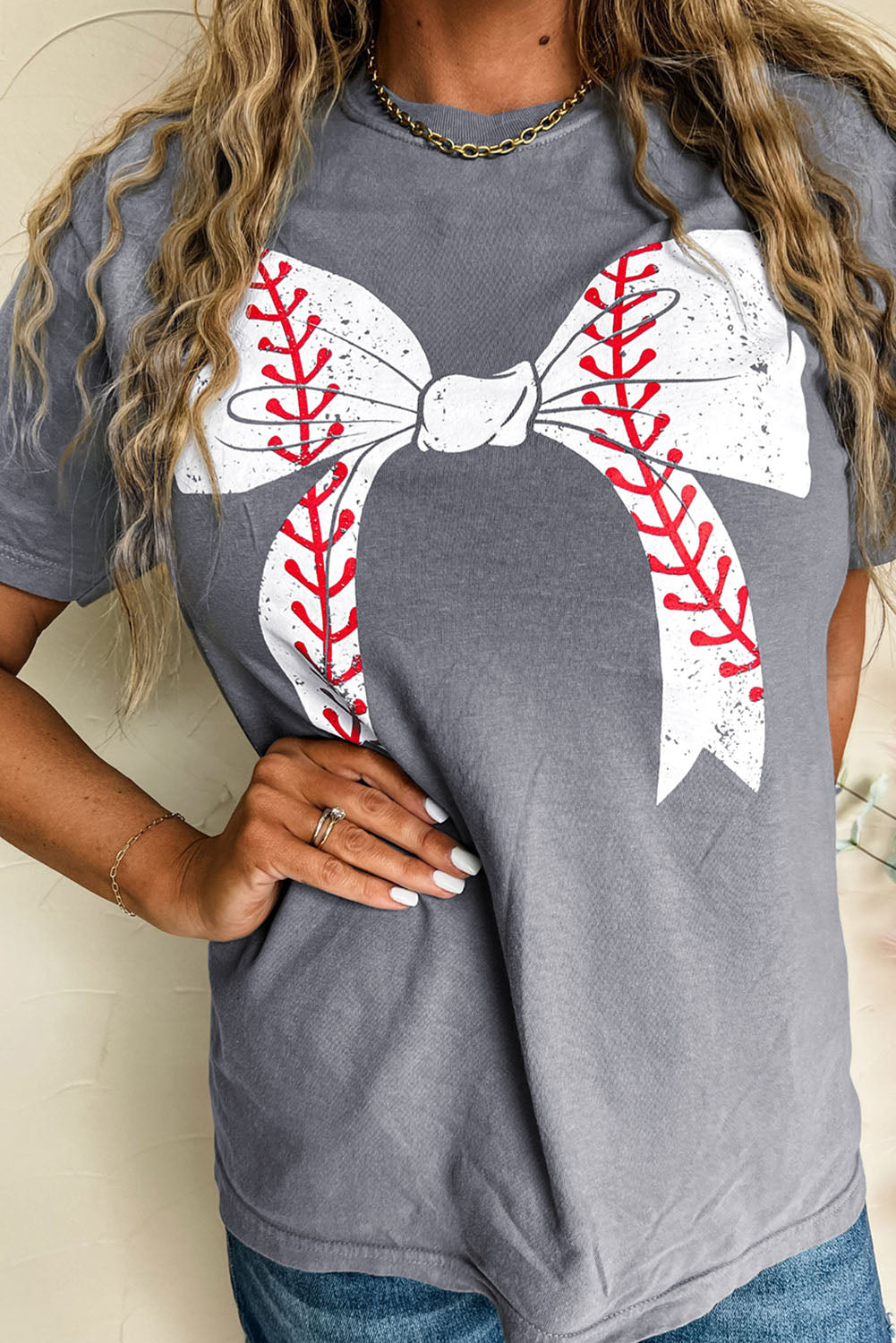 Gray Baseball Bowknot Graphic Casual Tee-Graphic/Graphic Tees-[Adult]-[Female]-Gray-S-2022 Online Blue Zone Planet