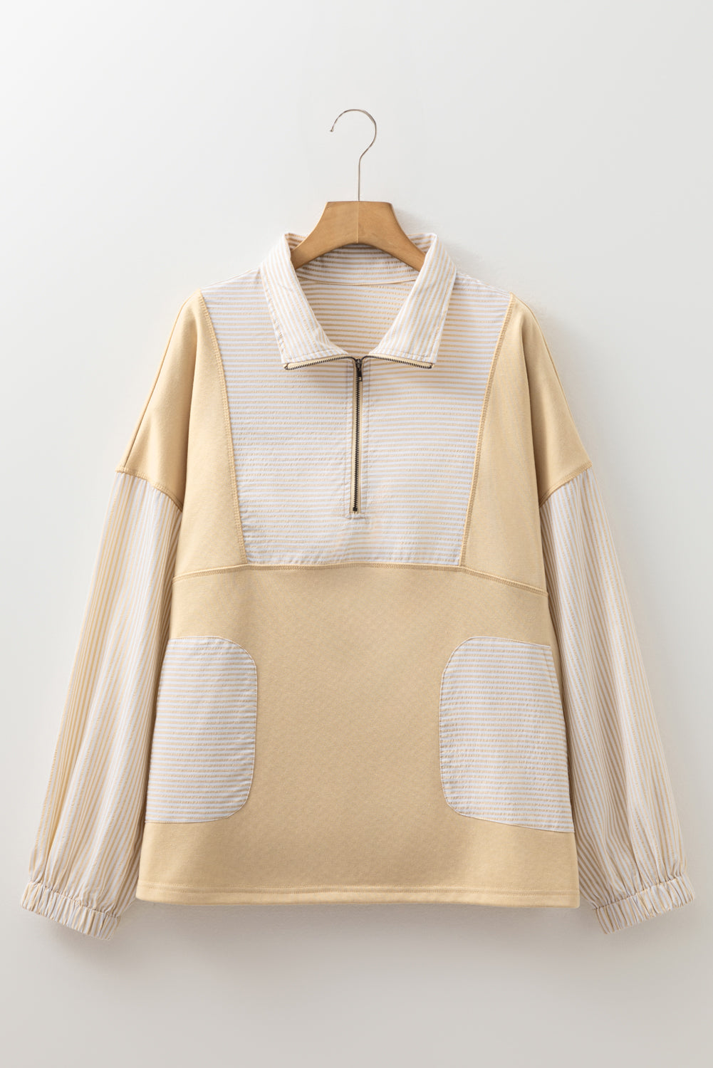 Khaki Stripe Mix Half Zip French Terry Plus Size Sweatshirt-Plus Size/Plus Size Sweatshirts & Hoodies-[Adult]-[Female]-Khaki Stripe-1X-2022 Online Blue Zone Planet