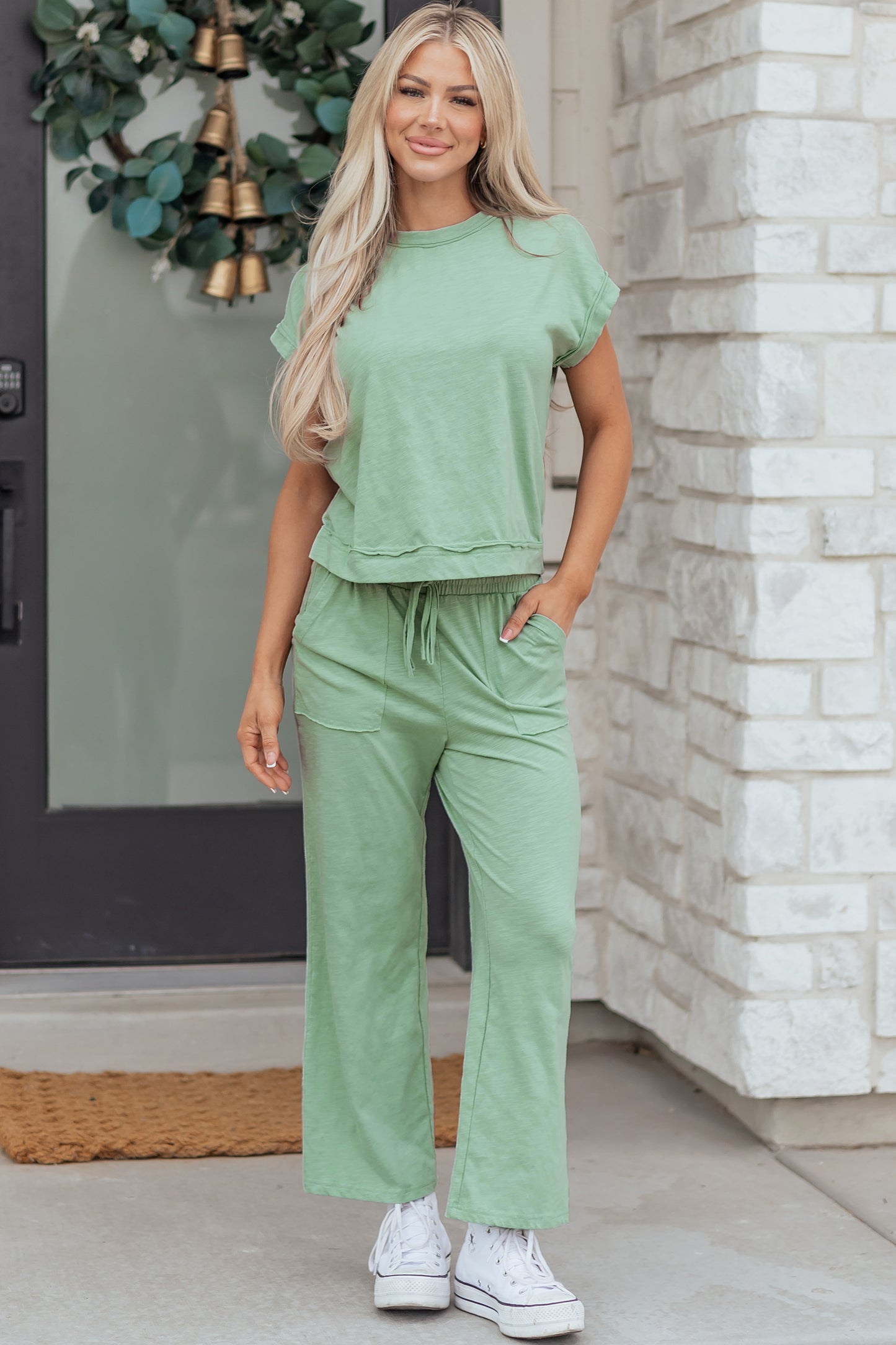 Canton Cuffed Short Sleeve Tee Raw Seam Patch Pocket Drawstring Pants Set-Two Piece Sets/Pant Sets-[Adult]-[Female]-2022 Online Blue Zone Planet