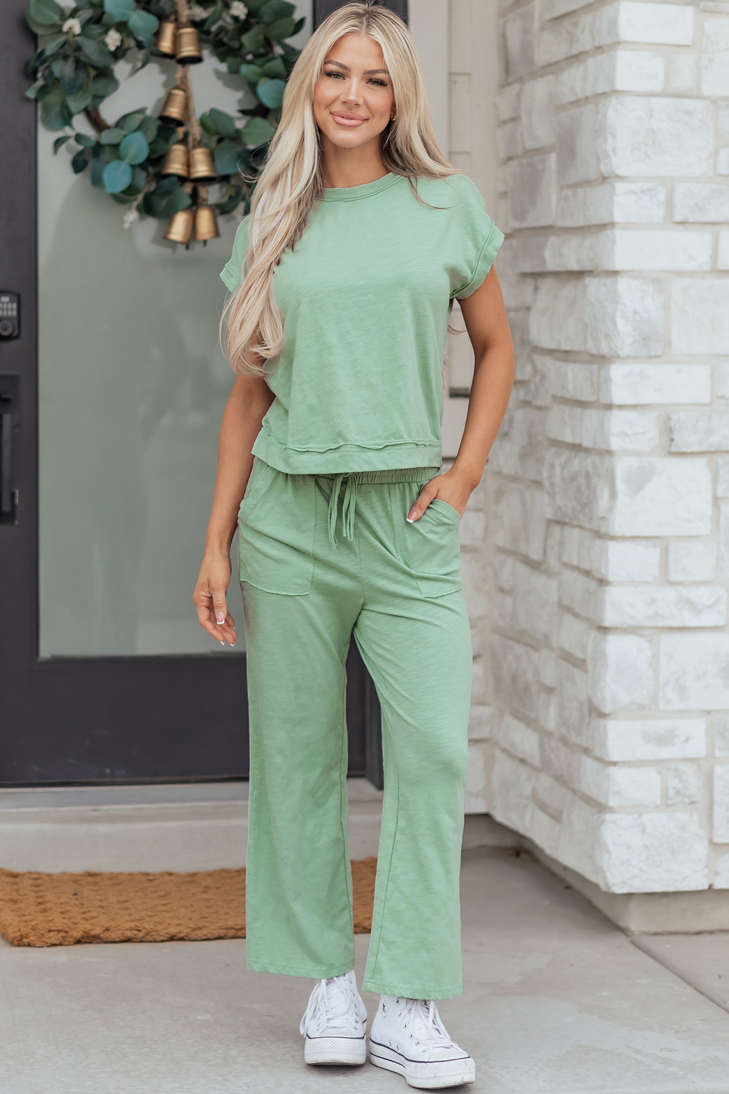 Canton Cuffed Short Sleeve Tee Raw Seam Patch Pocket Drawstring Pants Set-Two Piece Sets/Pant Sets-[Adult]-[Female]-2022 Online Blue Zone Planet