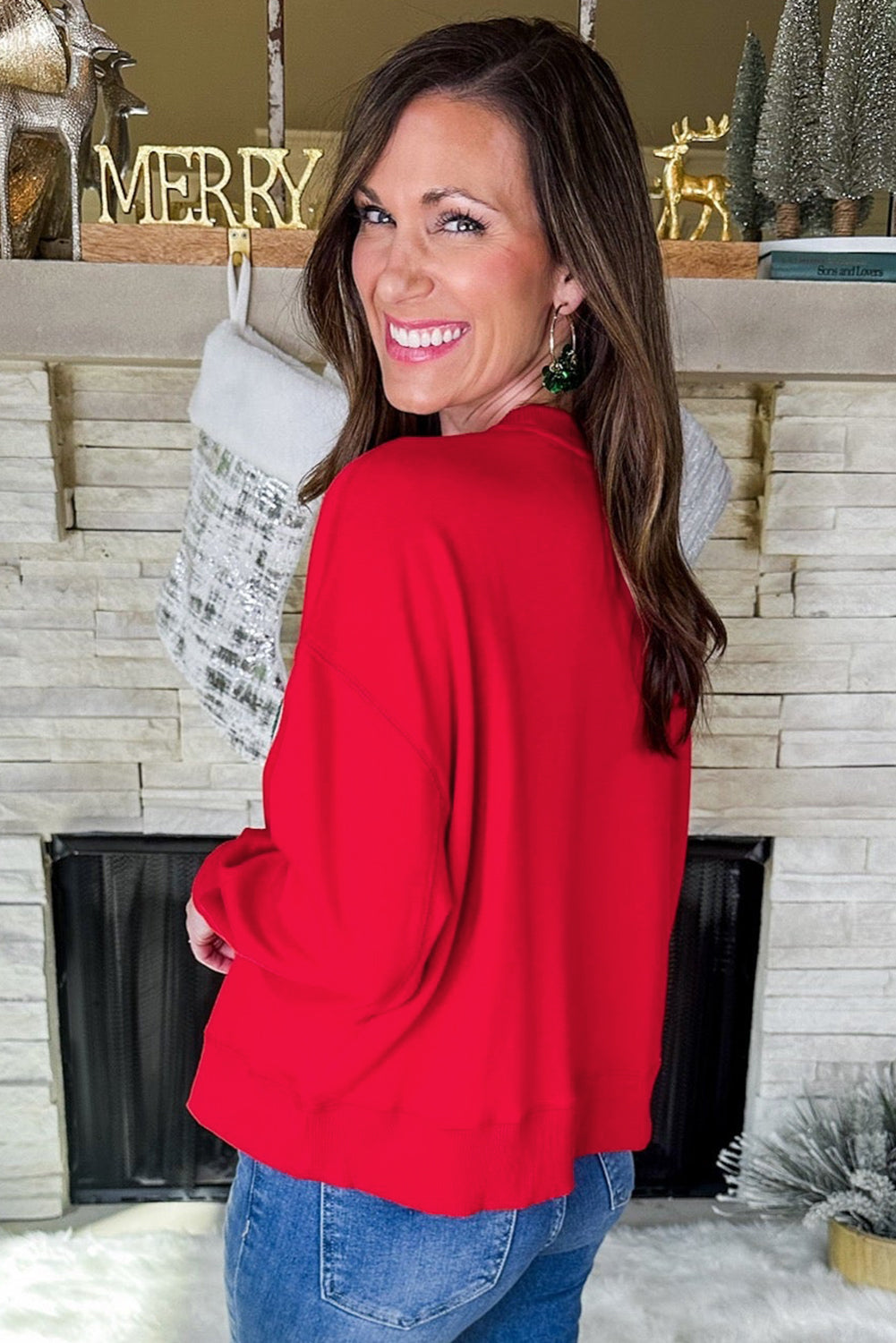 Fiery Red Merry Script Holiday Christmas Graphic Sweatshirt-Tops/Sweatshirts & Hoodies-[Adult]-[Female]-2022 Online Blue Zone Planet