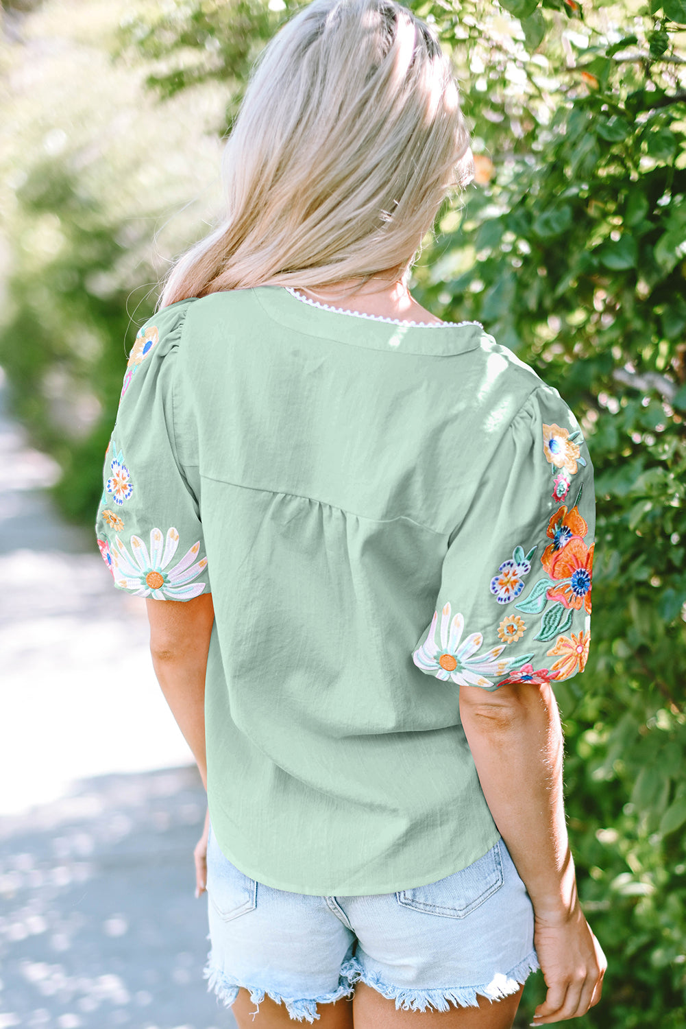 Clearly Aqua Floral Embroidered Puff Sleeve Split Neck Blouse-Tops/Blouses & Shirts-[Adult]-[Female]-2022 Online Blue Zone Planet