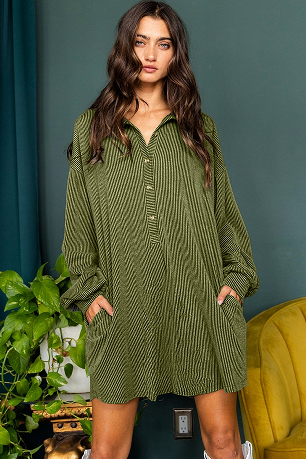 Moss Green Corded Buttons Placket Drop Shoulder Collared Shift Dress-Dresses/Mini Dresses-[Adult]-[Female]-2022 Online Blue Zone Planet