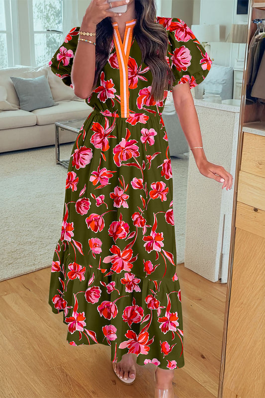 Green Floral Print Striped Trim Split Neck Short Puff Sleeve Ruffle Hem Maxi Dress-Dresses/Maxi Dresses-[Adult]-[Female]-Green-S-2022 Online Blue Zone Planet