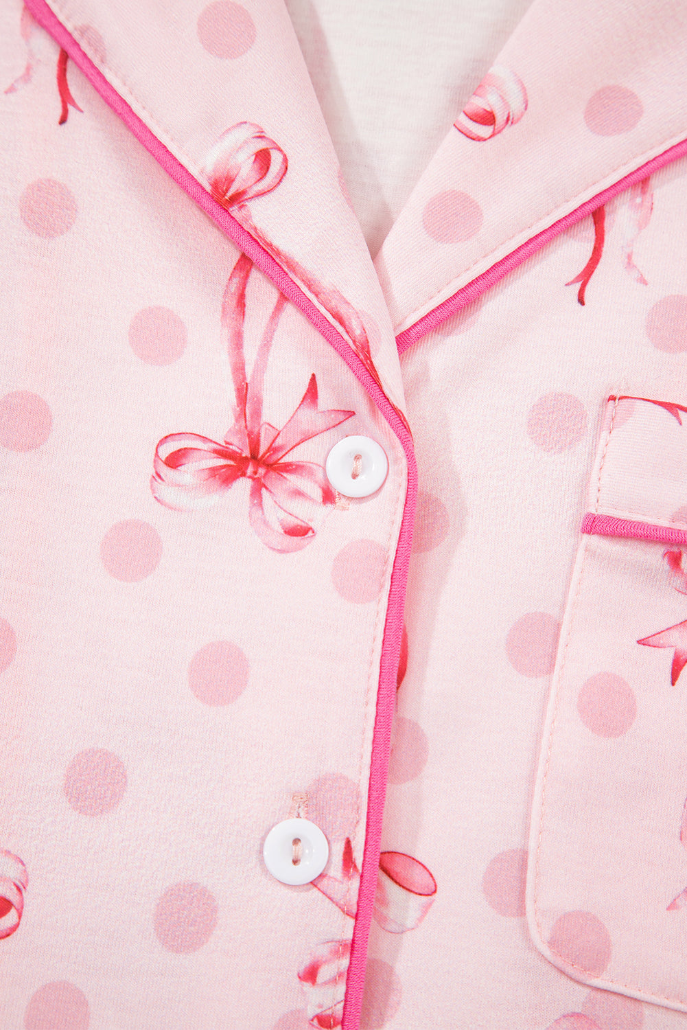 Pink Bow Print Contrast Pipping Short Pajamas Set-Loungewear & Sleepwear/Sleepwear-[Adult]-[Female]-2022 Online Blue Zone Planet
