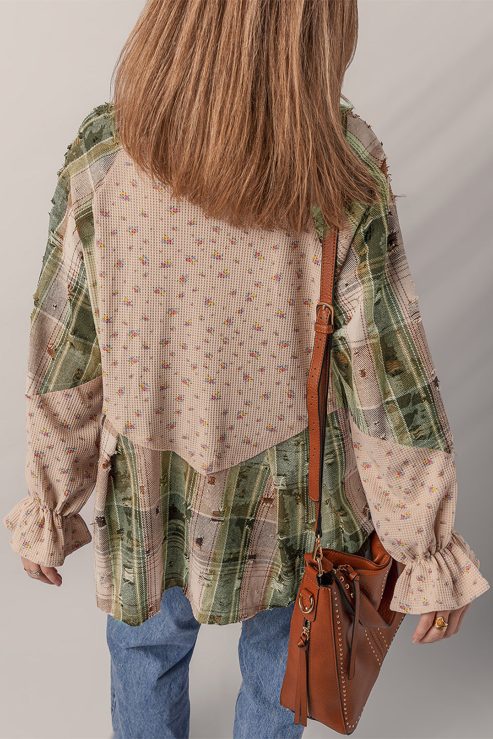 Mist Green Boho Floral Plaid Patchwork Distressed Detail Ruffled Sleeve Waffle Knit Shacket-Outerwear/Plaid Shackets-[Adult]-[Female]-2022 Online Blue Zone Planet