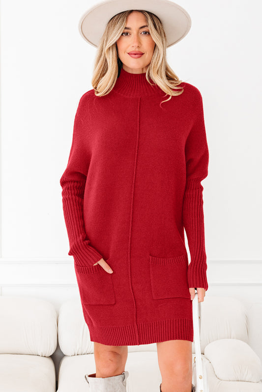 Fiery Red Ribbed High Neck Front Pockets Center Seam Shift Sweater Dress-TOPS / DRESSES-[Adult]-[Female]-Fiery Red-S-2022 Online Blue Zone Planet