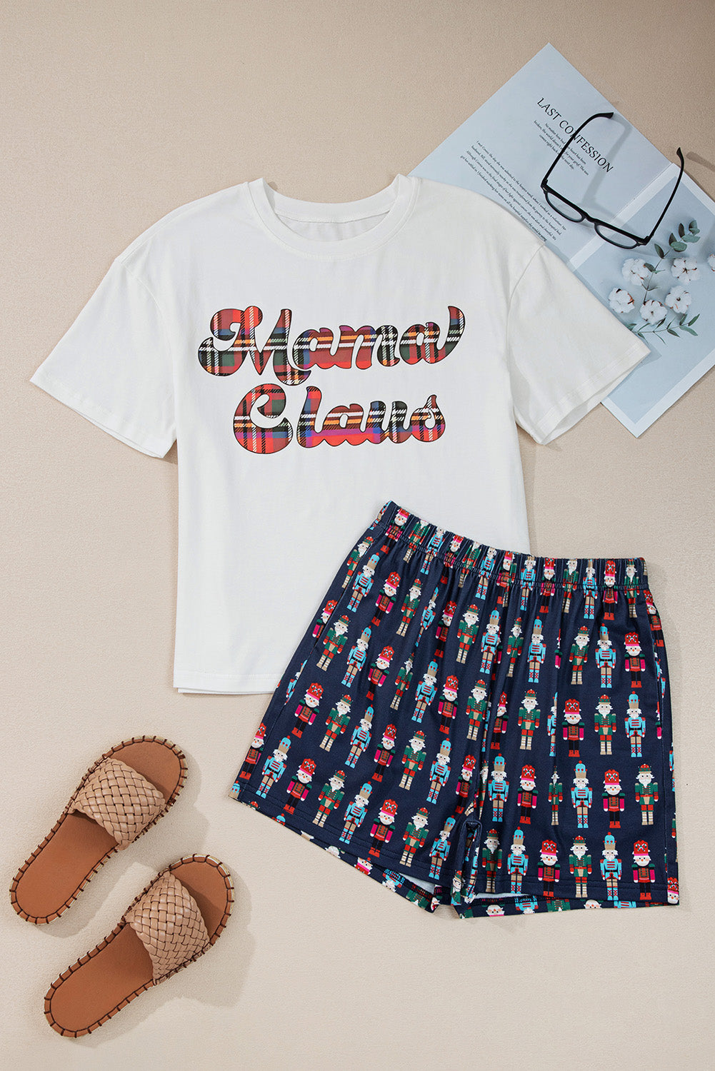 Pink Mama Claus Plaid Letter Tee Nutcracker Shorts 2pcs Lounge Set-Loungewear & Sleepwear/Loungewear-[Adult]-[Female]-2022 Online Blue Zone Planet