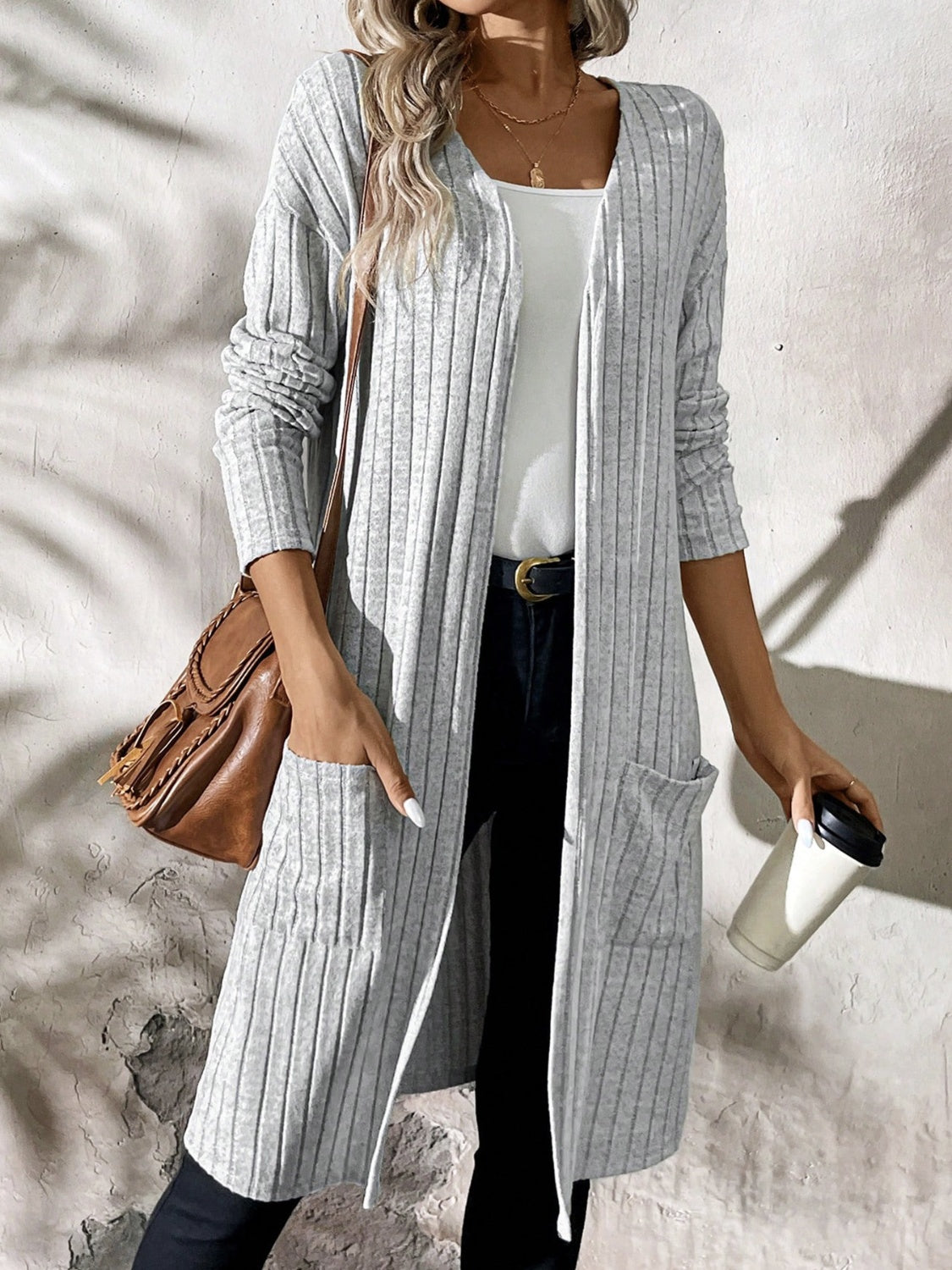 Ribbed Open Front Long Sleeve Cardigan with Pockets-TOPS / DRESSES-[Adult]-[Female]-2022 Online Blue Zone Planet