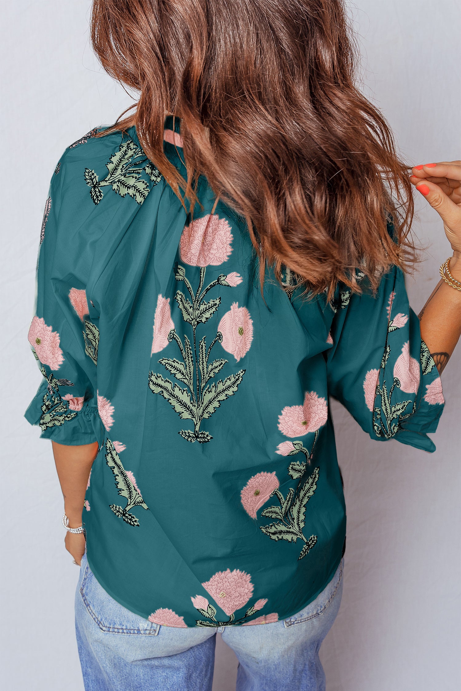 Sky Blue Casual Wild Flower Print V Neck 3/4 Sleeve Blouse-Tops/Blouses & Shirts-[Adult]-[Female]-2022 Online Blue Zone Planet