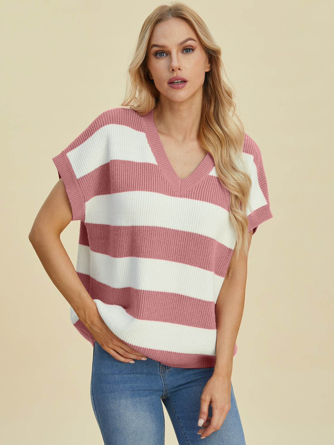 Double Take Full Size Striped V-Neck Short Sleeve Sweater-TOPS / DRESSES-[Adult]-[Female]-2022 Online Blue Zone Planet