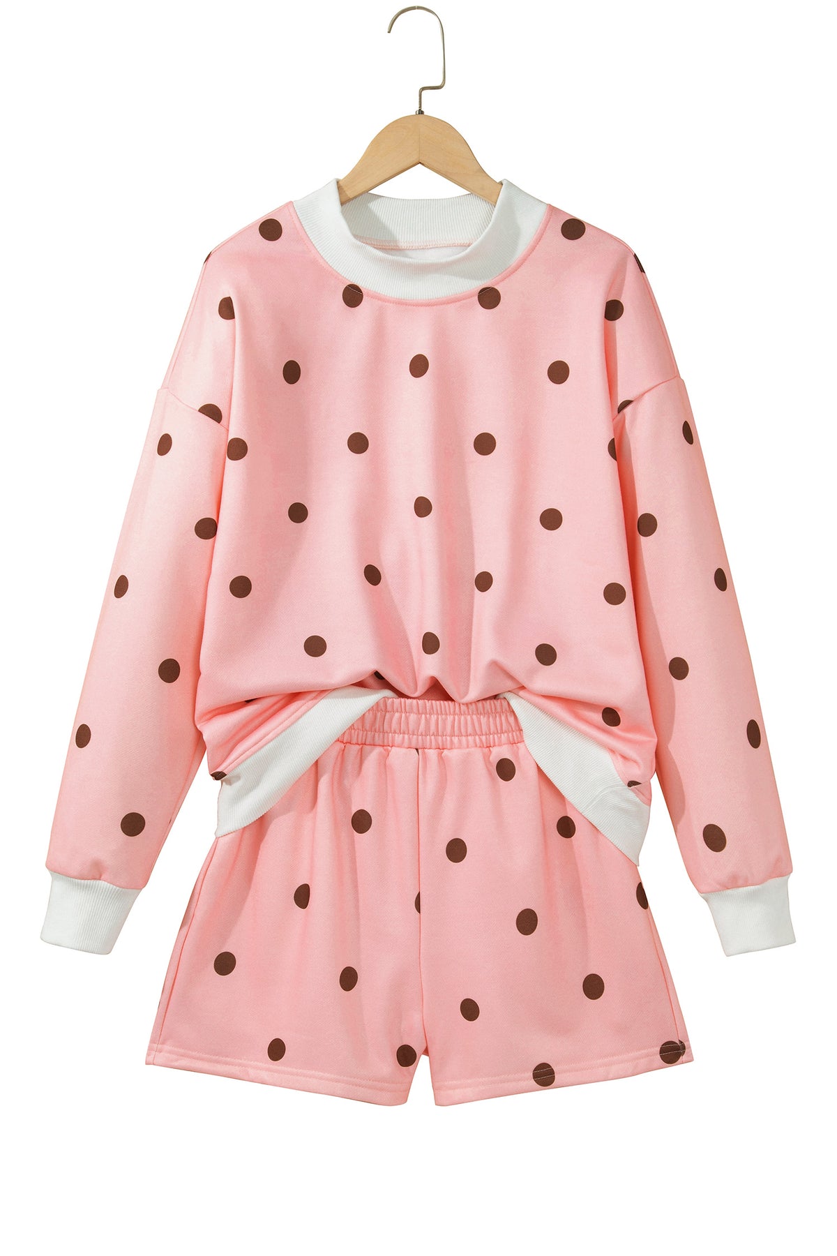 Brown Polka Dot Ribbed Trim Long Sleeve Top Casual Short Set-Two Piece Sets/Short Sets-[Adult]-[Female]-2022 Online Blue Zone Planet
