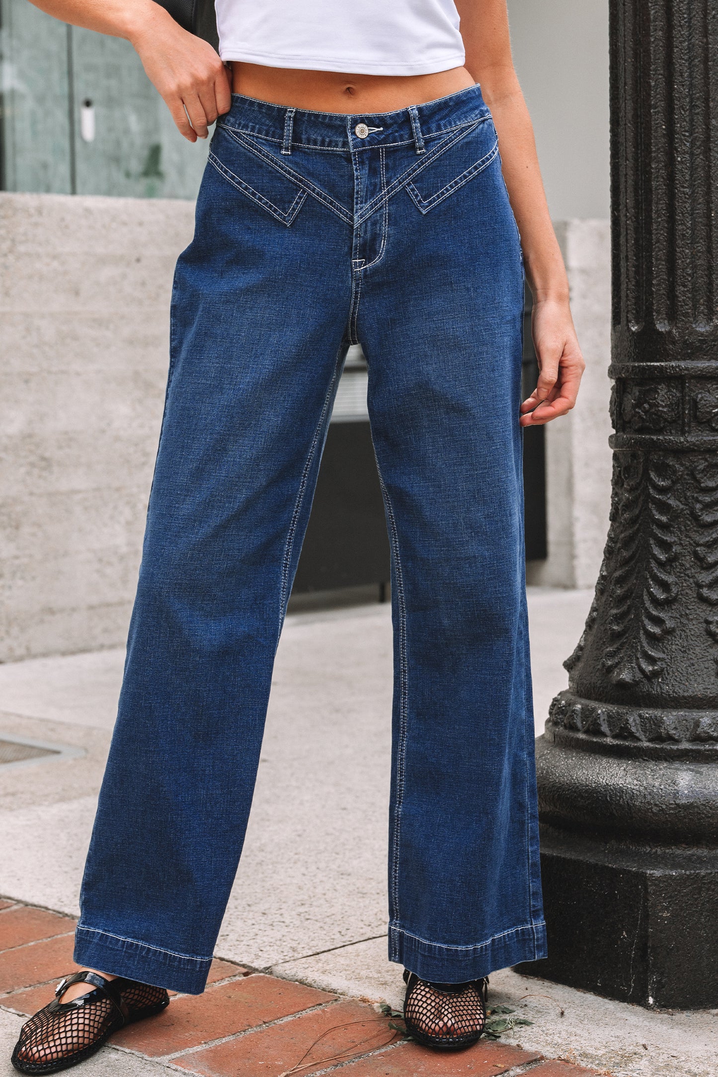 Sail Blue Stitched Waist Detail Loose Cuffed Jeans-Bottoms/Jeans-[Adult]-[Female]-2022 Online Blue Zone Planet