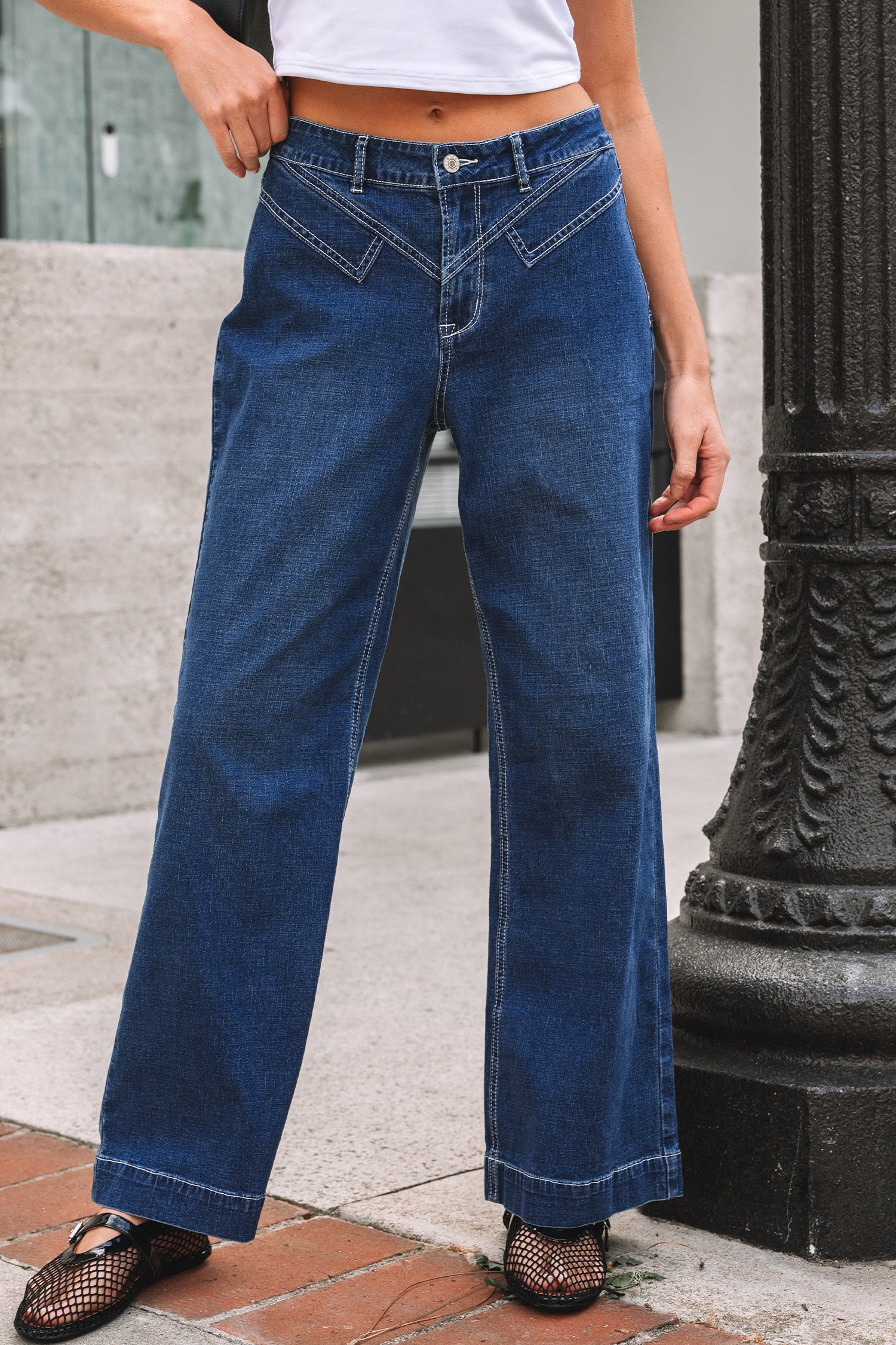 Sail Blue Stitched Waist Detail Loose Cuffed Jeans-Bottoms/Jeans-[Adult]-[Female]-2022 Online Blue Zone Planet