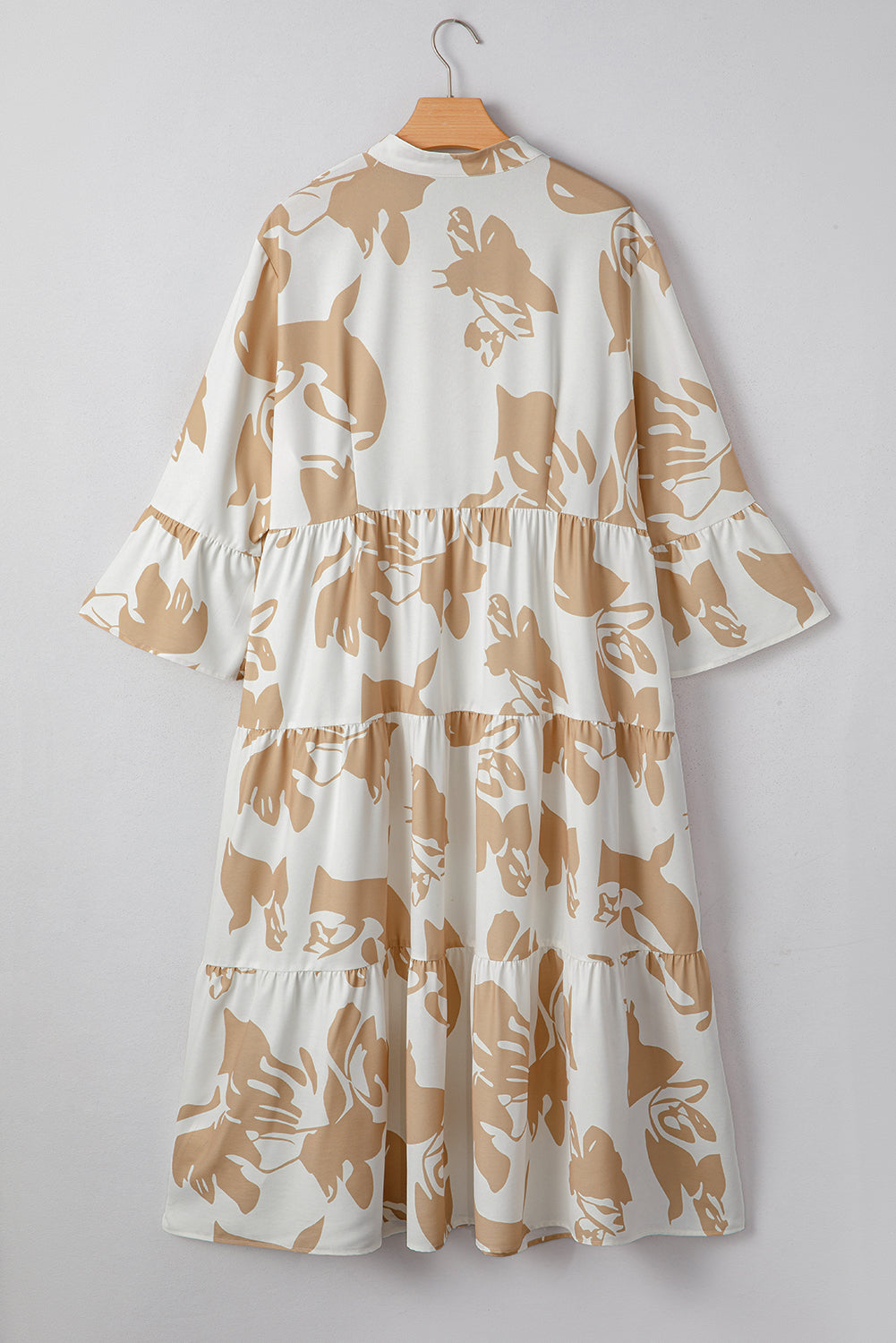 Khaki Patterned Ruffled Sleeve Half Placket Tiered A-line Plus Size Long Dress-TOPS / DRESSES-[Adult]-[Female]-2022 Online Blue Zone Planet