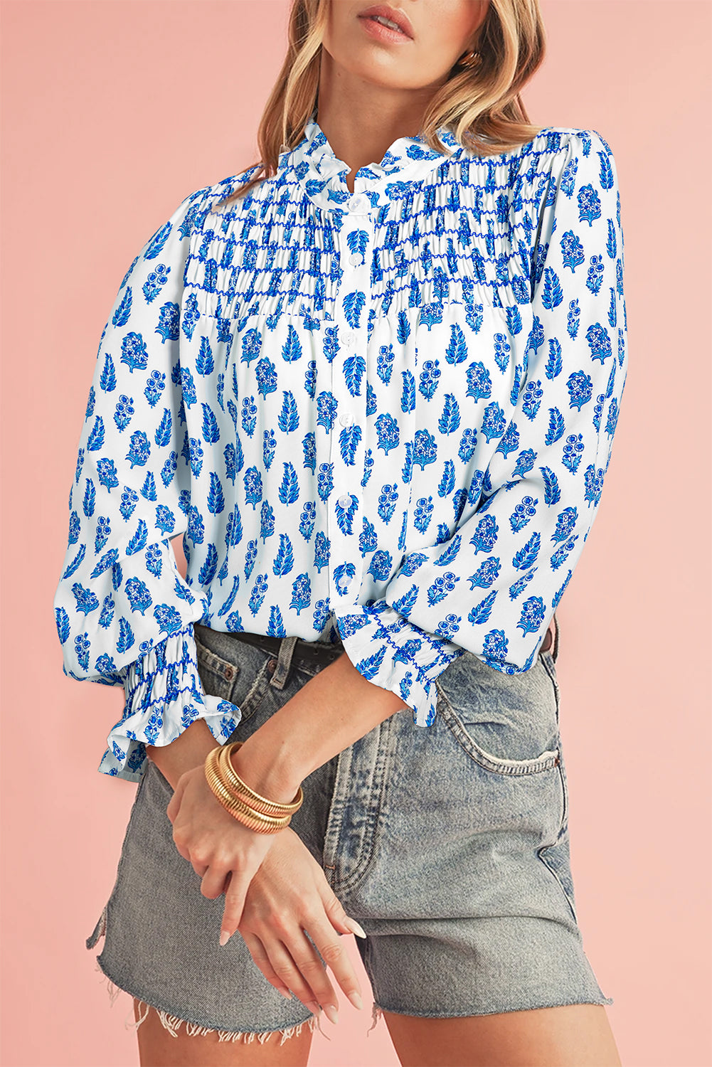 Blue Zone Planet | Sky Blue Boho Floral Printed Lantern Sleeve Frilled Neck Shirred Shirt-Tops/Blouses & Shirts-[Adult]-[Female]-Sky Blue-S-2022 Online Blue Zone Planet