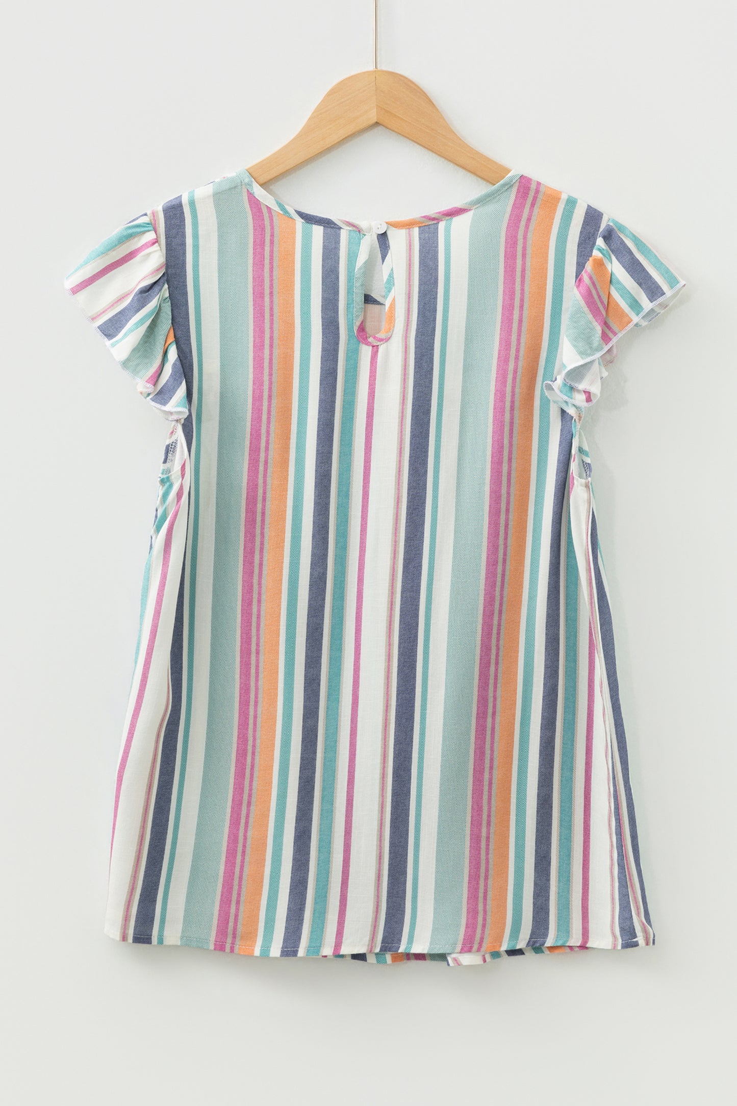 Light Blue Lace Hollow-out Insert Flutter Sleeve Striped Blouse-Tops/Blouses & Shirts-[Adult]-[Female]-2022 Online Blue Zone Planet