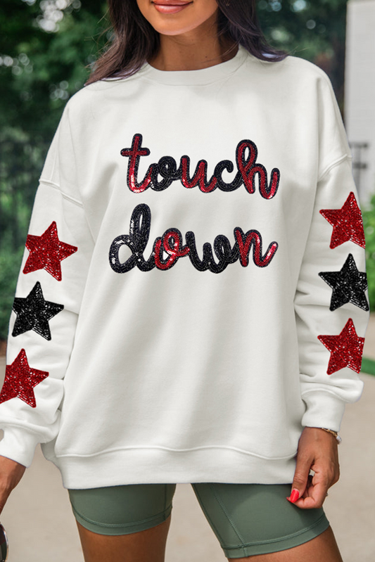 Beige Sequined Touch Down Graphic Star Drop Shoulder Sweatshirt-Graphic/Graphic Sweatshirts-[Adult]-[Female]-Beige-S-2022 Online Blue Zone Planet