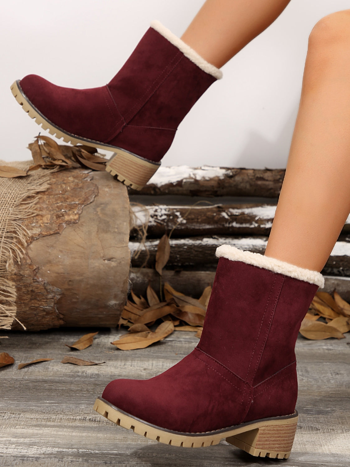 Blue Zone Planet | Thermal Fuzzy Block Heel Boots-SHOES-[Adult]-[Female]-Burgundy-35(US4)-2022 Online Blue Zone Planet