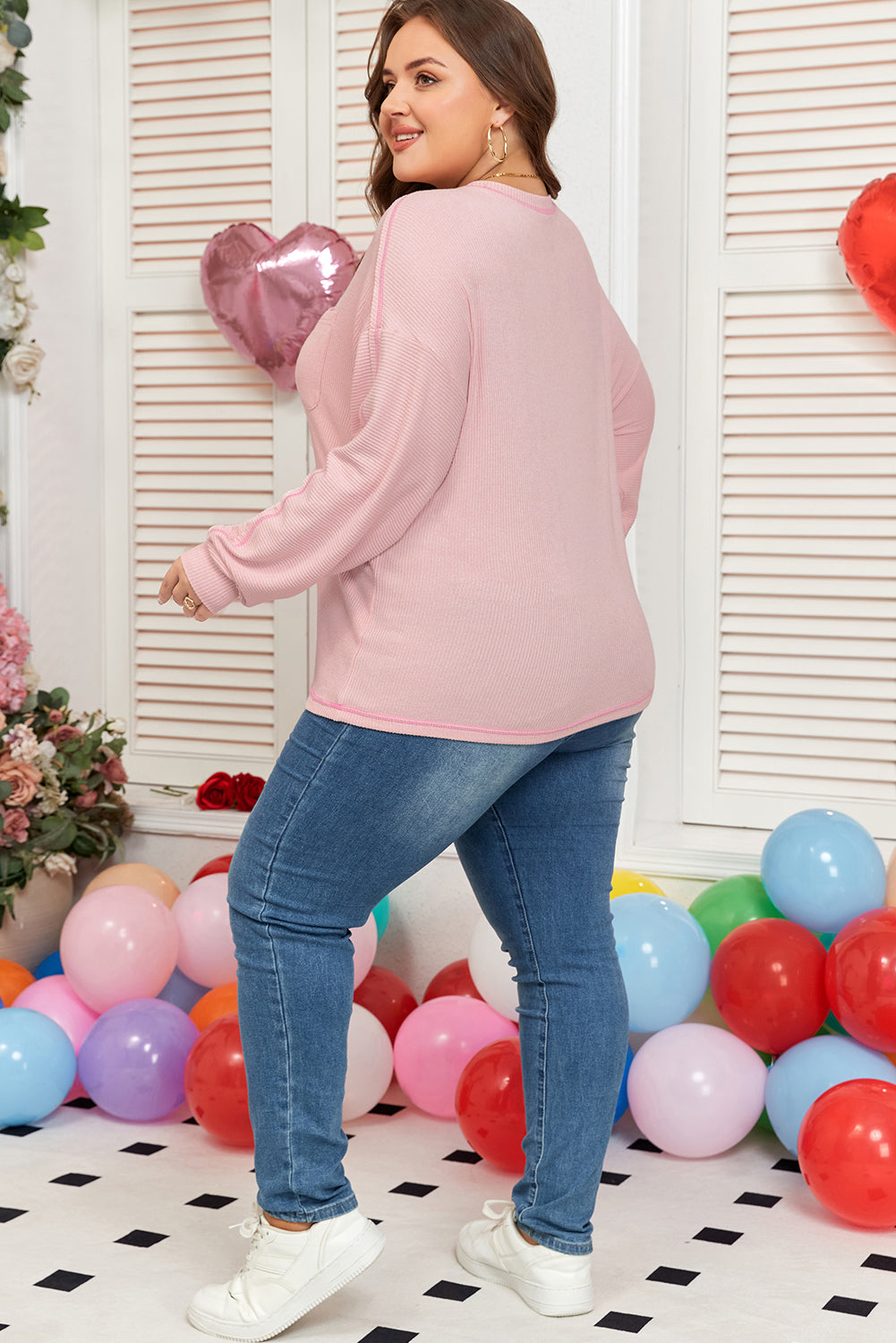 Bonbon Ribbed Exposed Seam Round Neck Chest Pocket Plus Knit Top-Plus Size/Plus Size Tops/Plus Size Long Sleeve Tops-[Adult]-[Female]-2022 Online Blue Zone Planet
