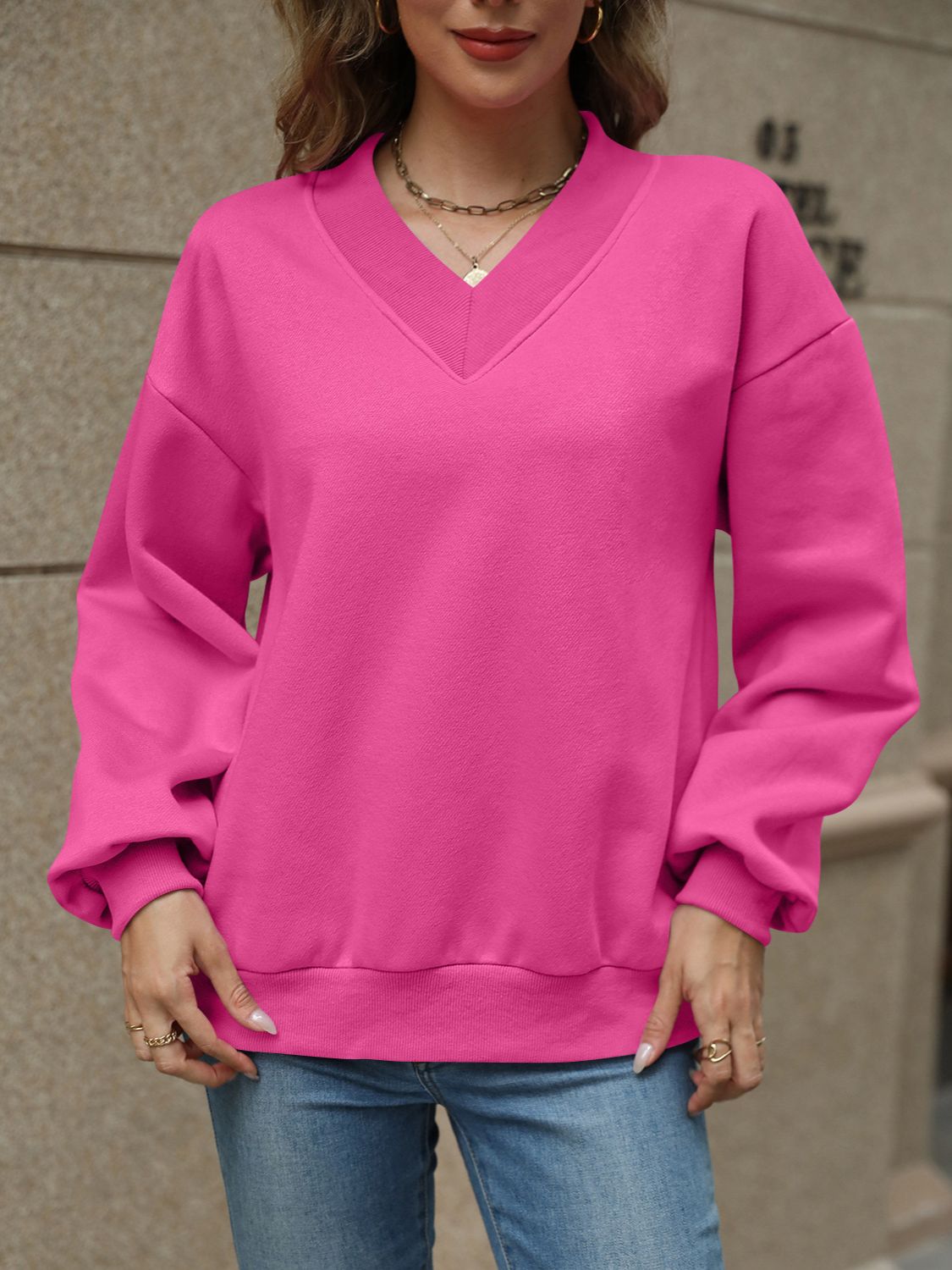 V-Neck Long Sleeve Dropped Shoulder Sweatshirt-TOPS / DRESSES-[Adult]-[Female]-2022 Online Blue Zone Planet