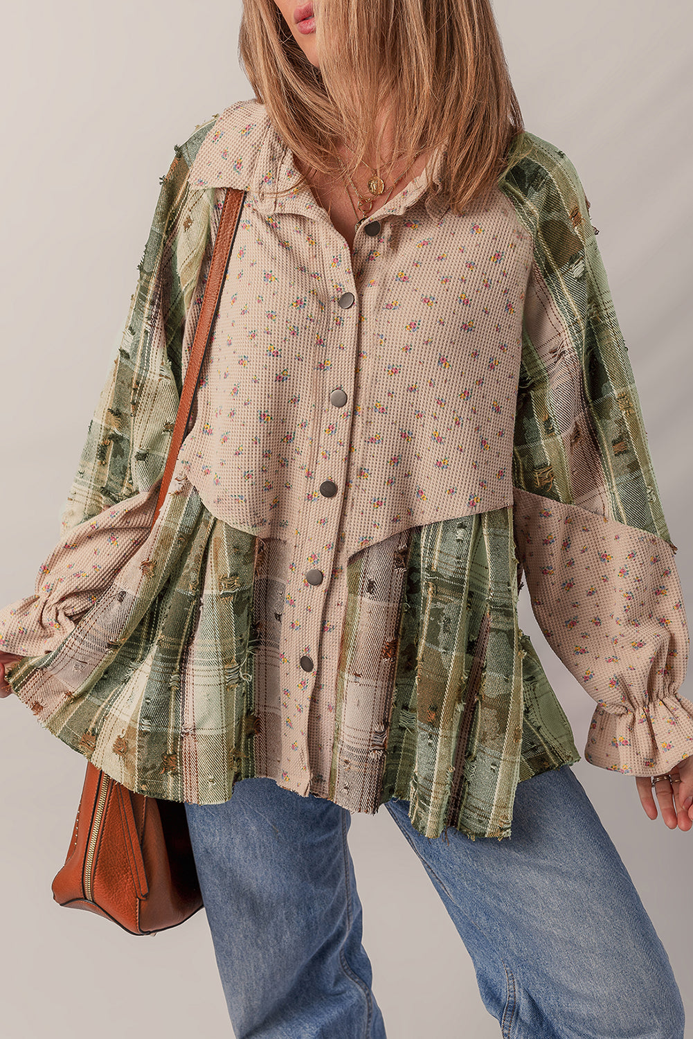 Mist Green Boho Floral Plaid Patchwork Distressed Detail Ruffled Sleeve Waffle Knit Shacket-Outerwear/Plaid Shackets-[Adult]-[Female]-Mist Green-S-2022 Online Blue Zone Planet