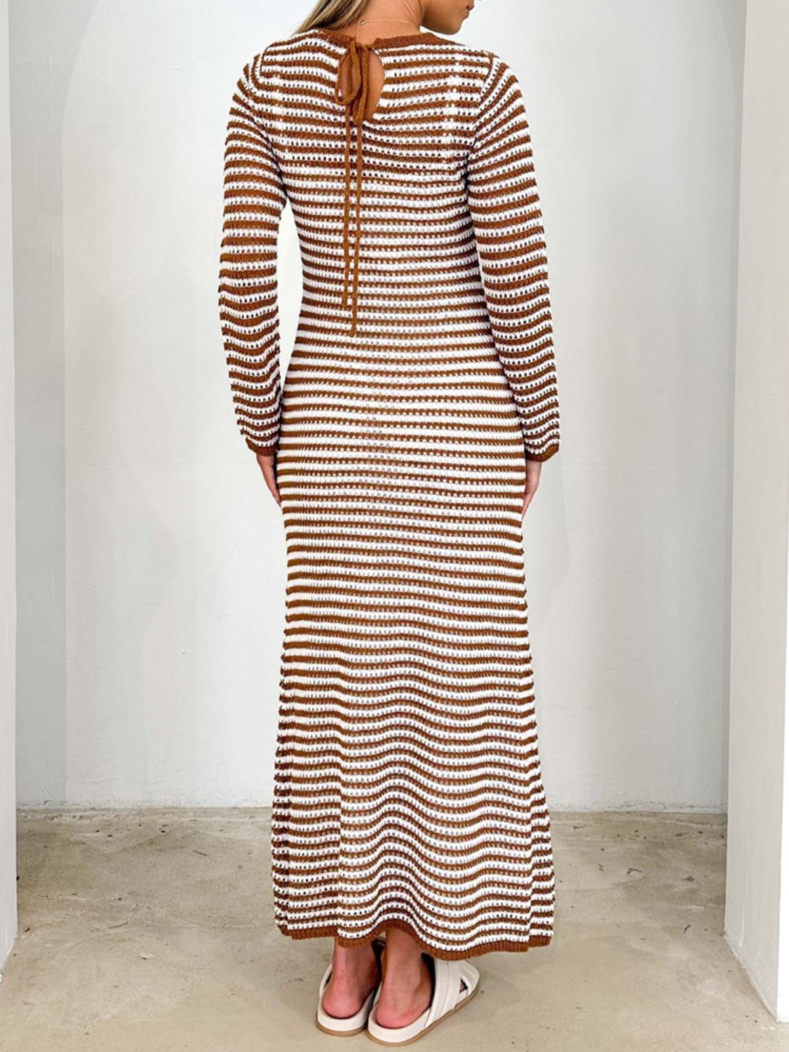 Devine Tied Round Neck Striped Sweater Dress-TOPS / DRESSES-[Adult]-[Female]-Caramel-S-2022 Online Blue Zone Planet