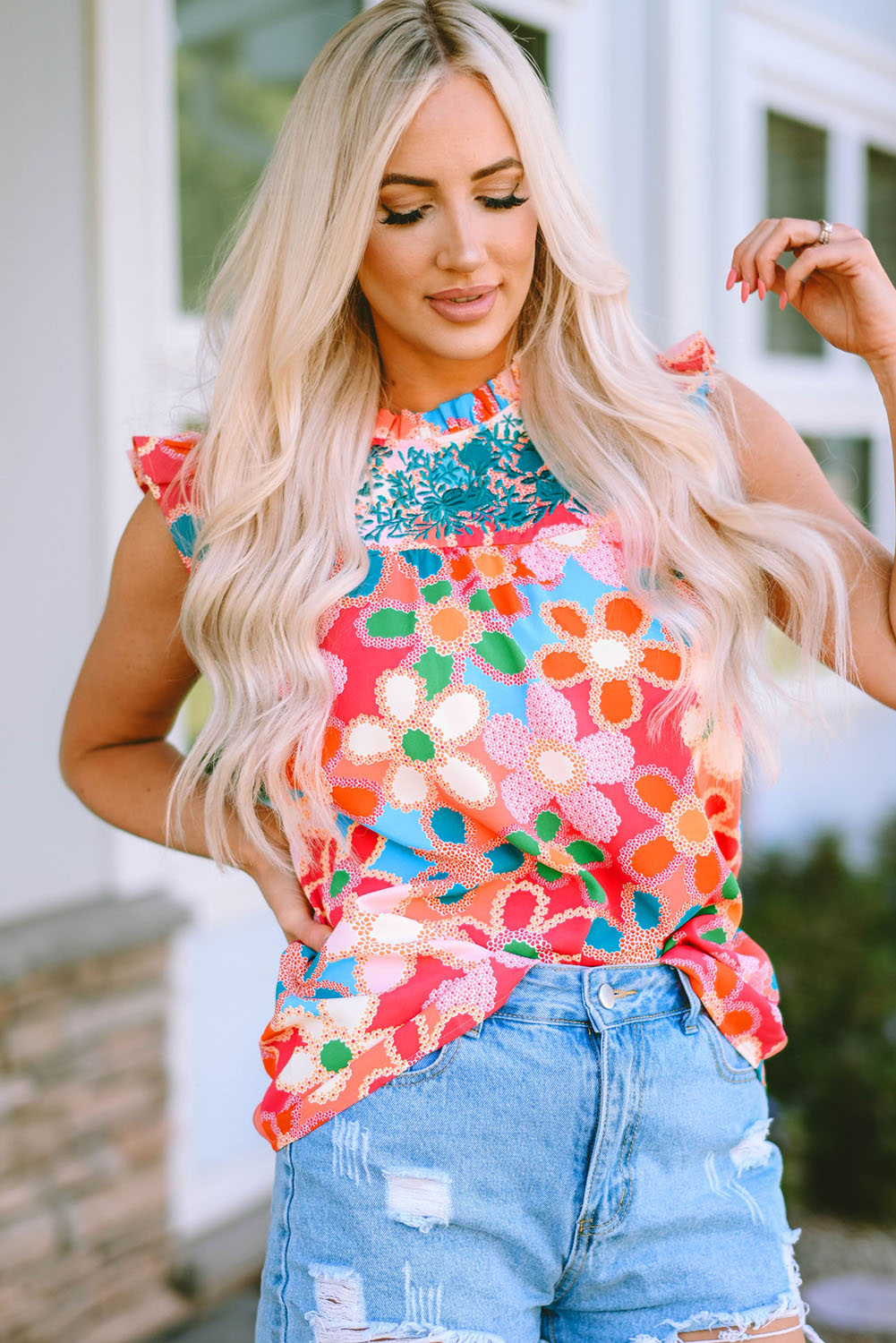 Pink Embroidered Detail Floral Print Ruffle Trim Tank Top-Tops/Tank Tops-[Adult]-[Female]-Pink-S-2022 Online Blue Zone Planet