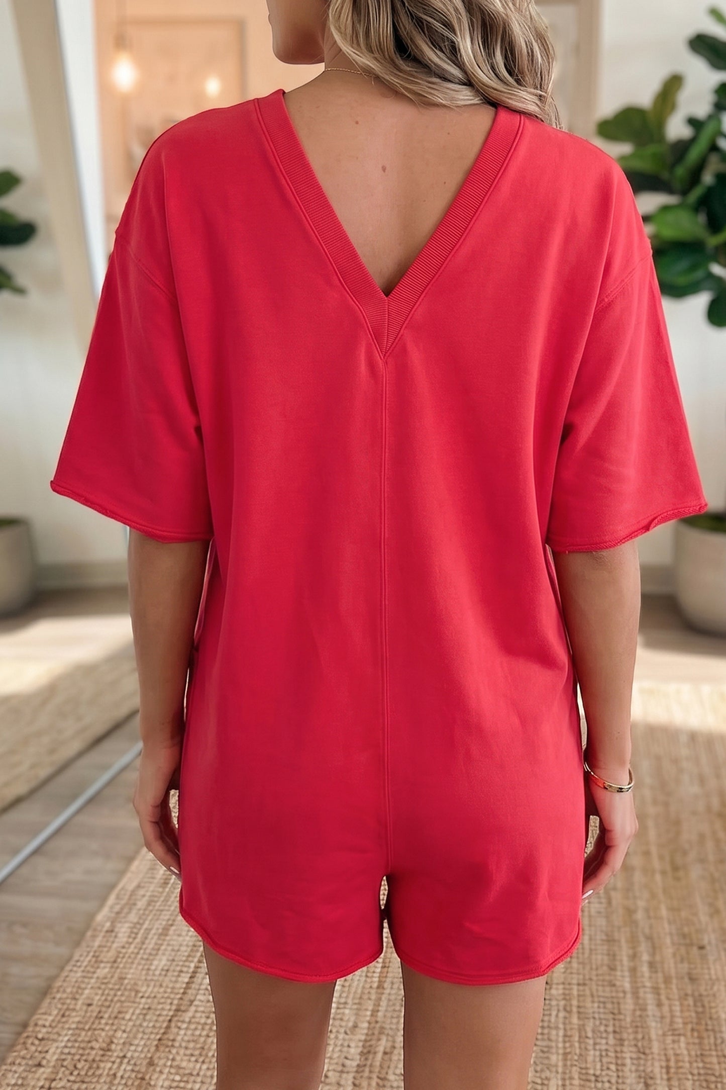 Bright Green Solid Color Raw Edge Half Sleeve Pocketed Loose Romper-Bottoms/Jumpsuits & Rompers-[Adult]-[Female]-2022 Online Blue Zone Planet