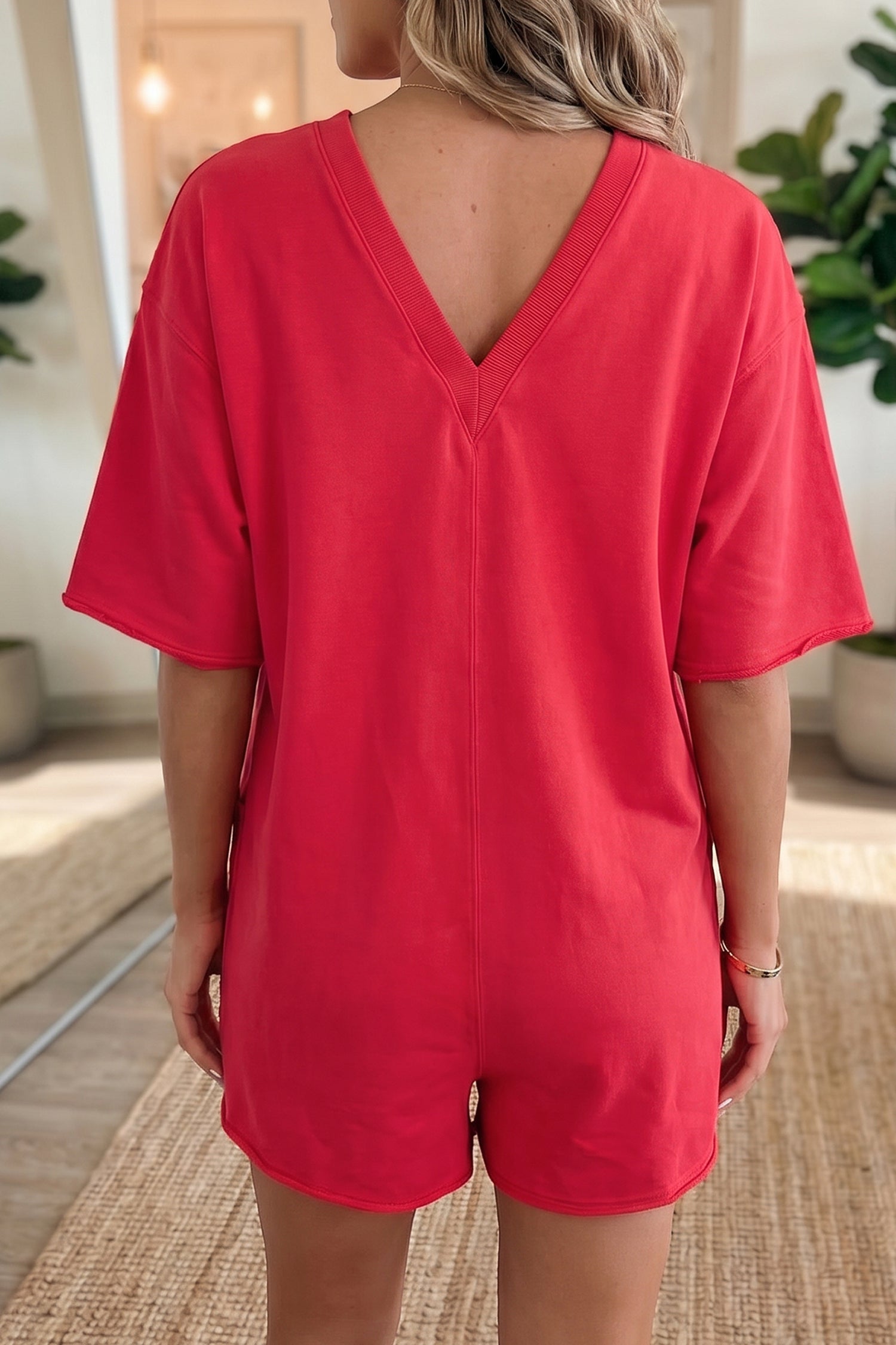 Bright Green Solid Color Raw Edge Half Sleeve Pocketed Loose Romper-Bottoms/Jumpsuits & Rompers-[Adult]-[Female]-2022 Online Blue Zone Planet