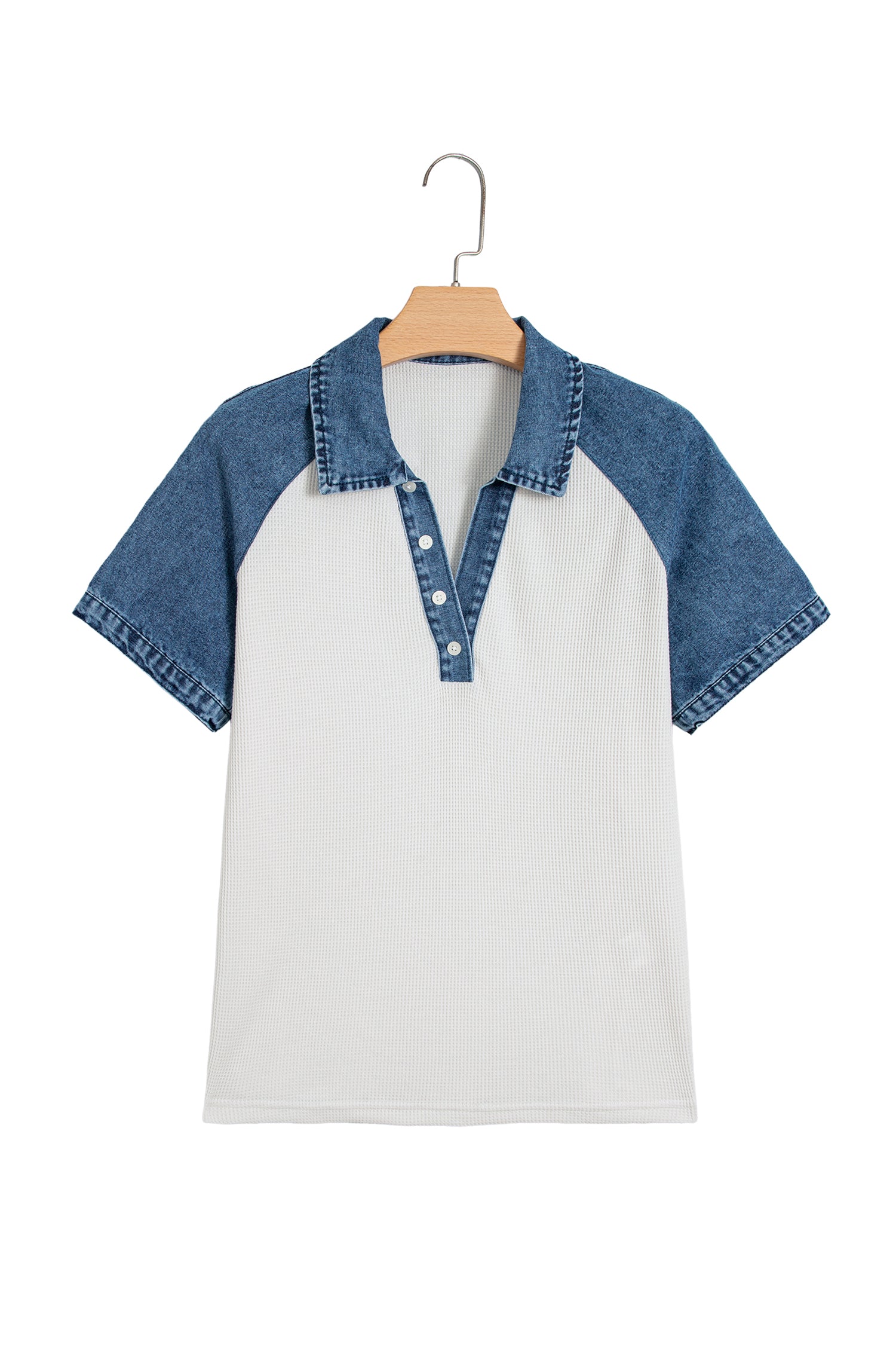 White Textured Color Block Denim Patchwork Polo Collar Tee-Tops/Tops & Tees-[Adult]-[Female]-2022 Online Blue Zone Planet