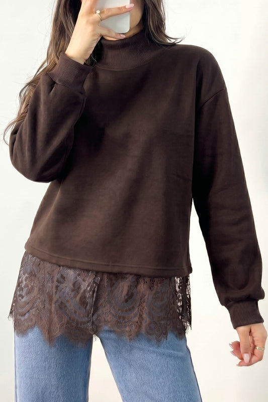 Coffee Solid Color High Neck Lace Splicing Hem Pullover Sweatshirt-Tops/Sweatshirts & Hoodies-[Adult]-[Female]-Coffee-S-2022 Online Blue Zone Planet