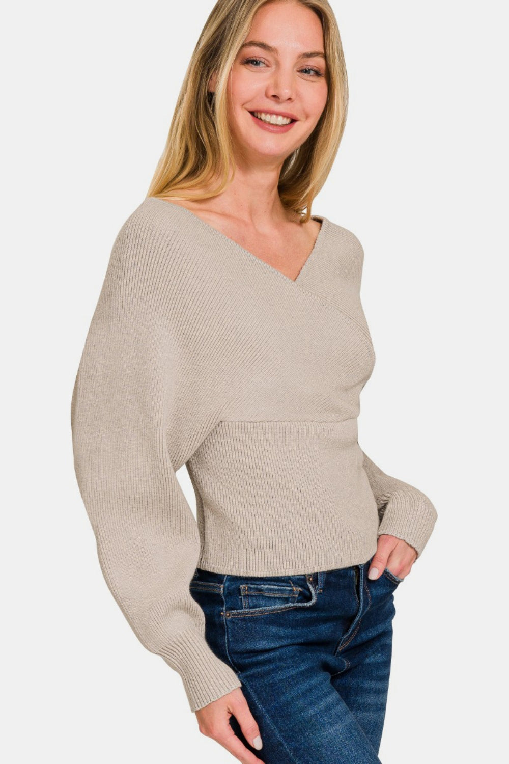 Blue Zone Planet | Zenana Cross Wrap Rib Long Sleeve Sweater-TOPS / DRESSES-[Adult]-[Female]-2022 Online Blue Zone Planet