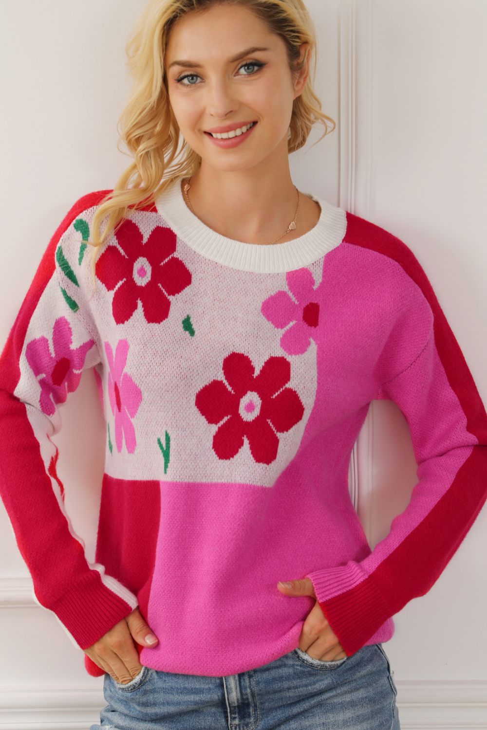 Blue Zone Planet | Flower Color Block Round Neck Sweater-TOPS / DRESSES-[Adult]-[Female]-Hot Pink-S-2022 Online Blue Zone Planet