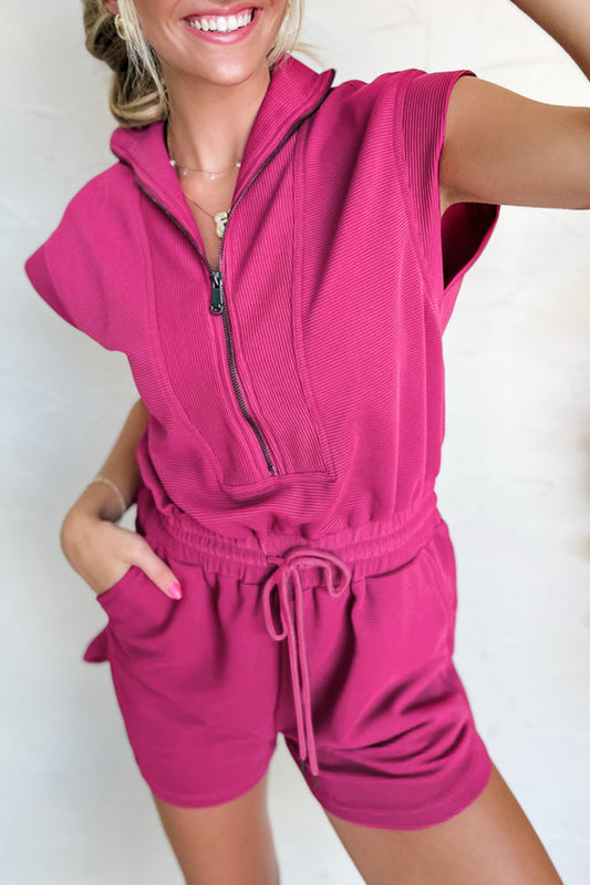 Rose Red Textured Short Sleeve Half Zip Drawstring Waist Romper-Bottoms/Jumpsuits & Rompers-[Adult]-[Female]-Rose Red-S-2022 Online Blue Zone Planet