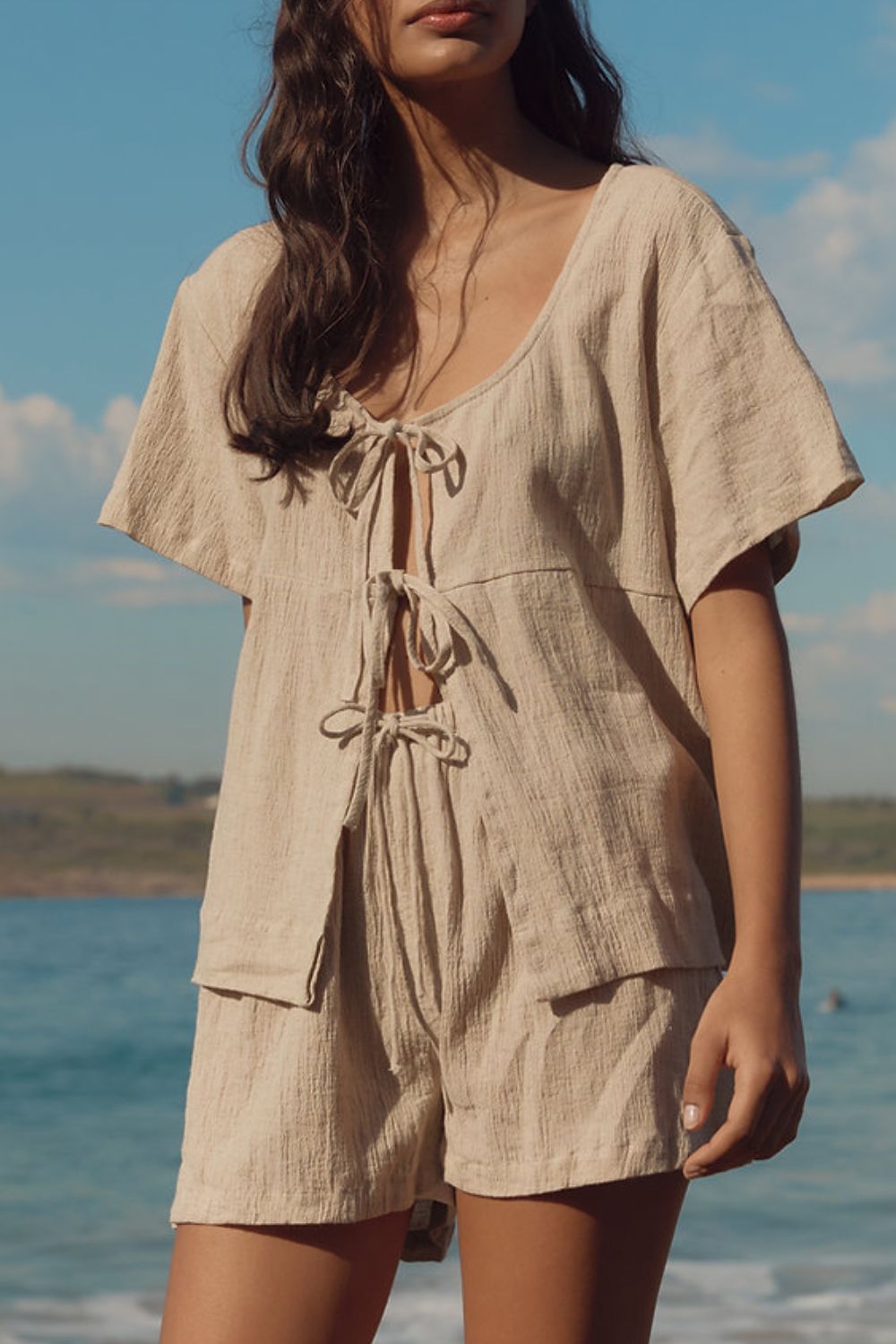 Plaid Tied Scoop Neck Short Sleeve Top and Drawstring Shorts Set-TOPS / DRESSES-[Adult]-[Female]-Beige-S-2022 Online Blue Zone Planet