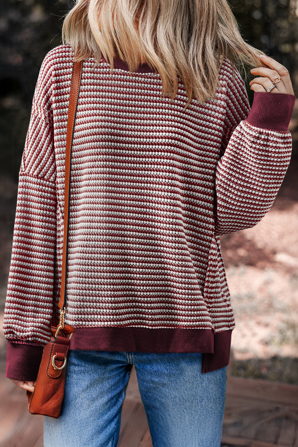 Red Stripe Ribbed Trim Drop Shoulder Long Sleeve Oversize Top-Tops/Long Sleeve Tops-[Adult]-[Female]-Red Stripe-S-2022 Online Blue Zone Planet