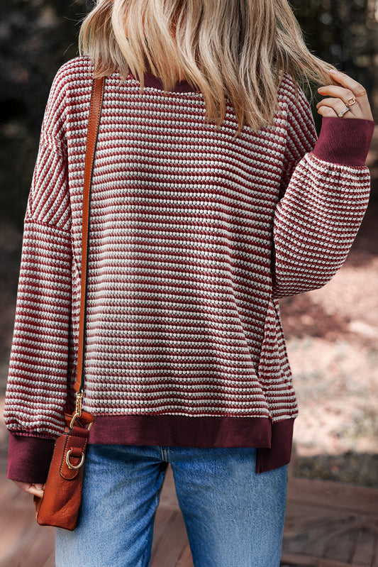 Red Stripe Ribbed Trim Drop Shoulder Long Sleeve Oversize Top-Tops/Long Sleeve Tops-[Adult]-[Female]-Red Stripe-S-2022 Online Blue Zone Planet