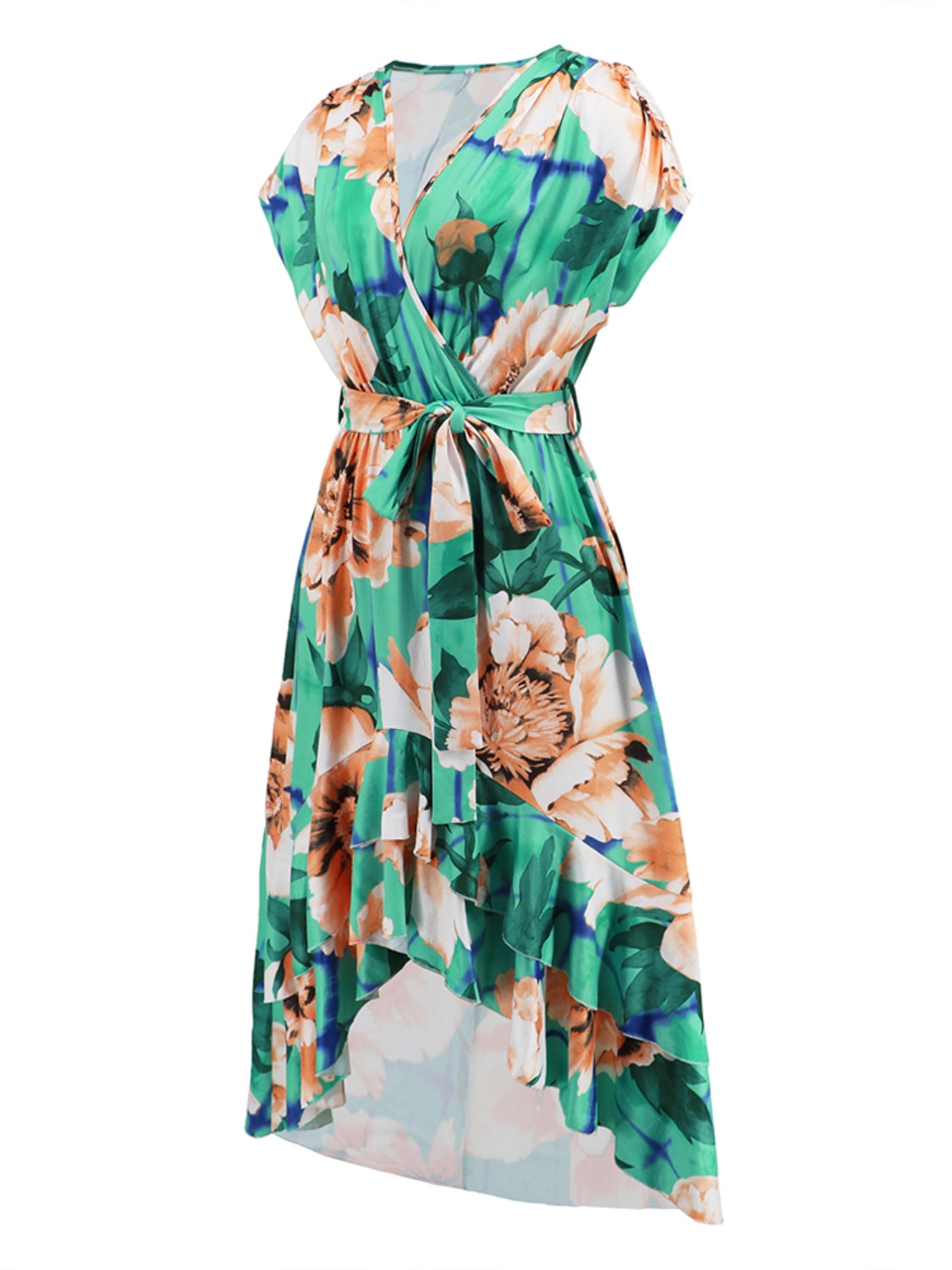 Ruffled Tied Floral Surplice Dress-TOPS / DRESSES-[Adult]-[Female]-2022 Online Blue Zone Planet