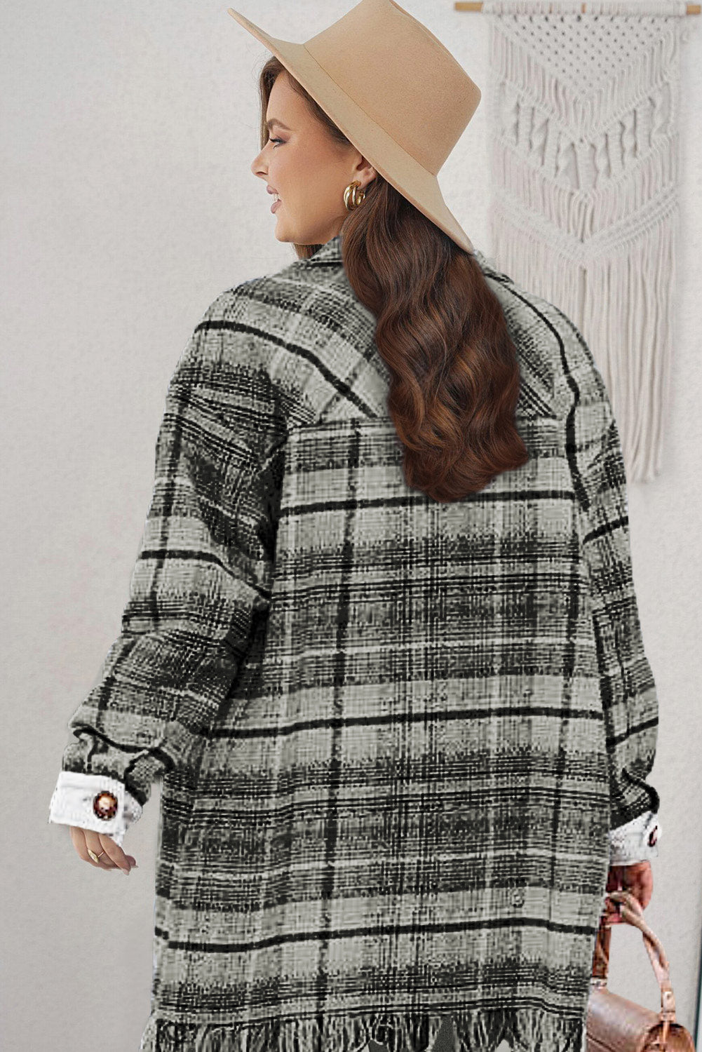 Black Plus Size Macrame Plaid Coat-Plus Size/Plus Size Outerwear-[Adult]-[Female]-2022 Online Blue Zone Planet