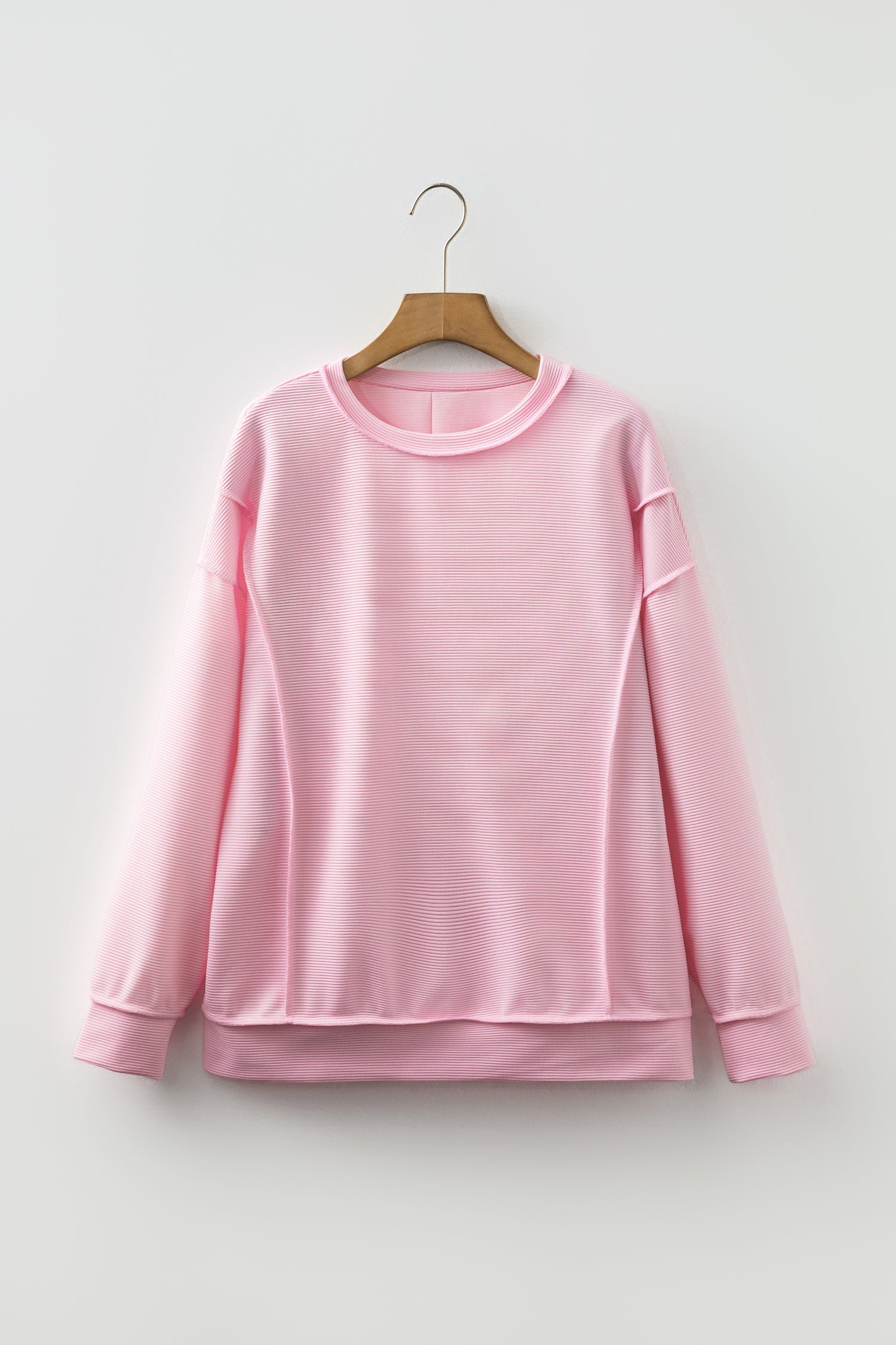 Pink Horizontal Ribbed Exposed Seam Detail Long Sleeve Top-Tops/Long Sleeve Tops-[Adult]-[Female]-2022 Online Blue Zone Planet