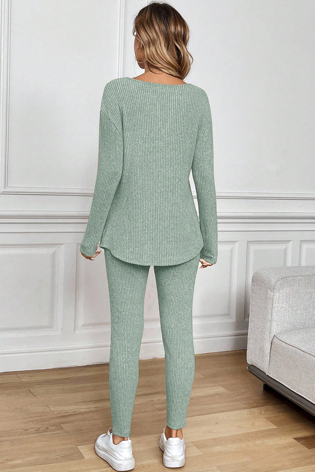 Grass Green Ribbed Notched Neck Knit Long Sleeve Leggings Two Pieces Lounge Set-Loungewear & Sleepwear/Loungewear-[Adult]-[Female]-2022 Online Blue Zone Planet