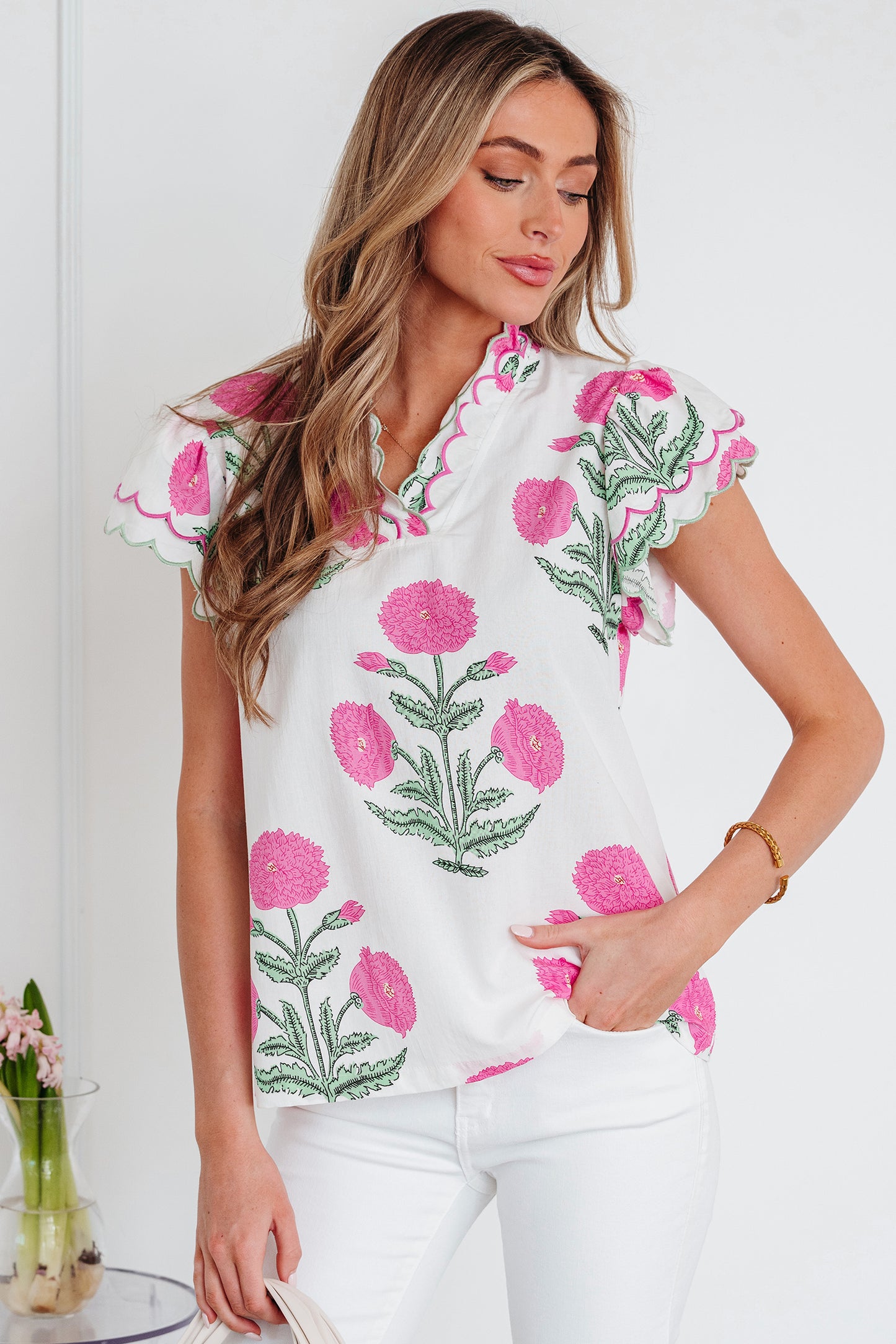 Pink Wild Flower Print Contrast Trim Scallop Detail Short Sleeve Blouse-Tops/Blouses & Shirts-[Adult]-[Female]-2022 Online Blue Zone Planet