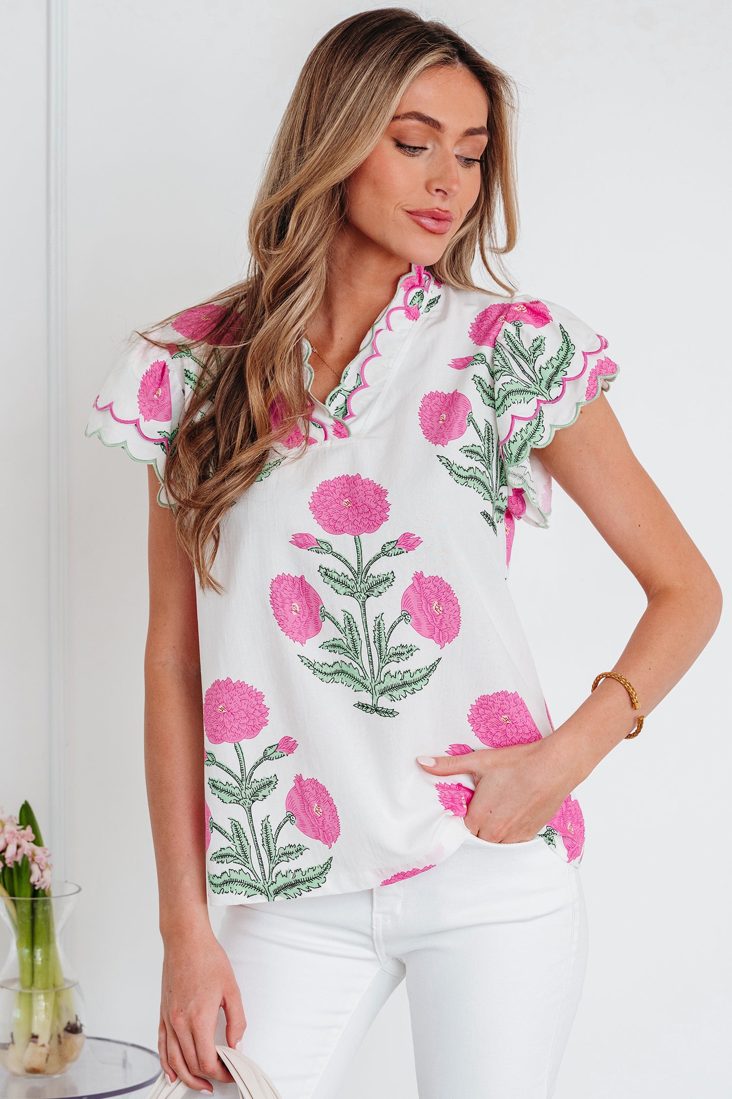 Pink Wild Flower Print Contrast Trim Scallop Detail Short Sleeve Blouse-Tops/Blouses & Shirts-[Adult]-[Female]-2022 Online Blue Zone Planet