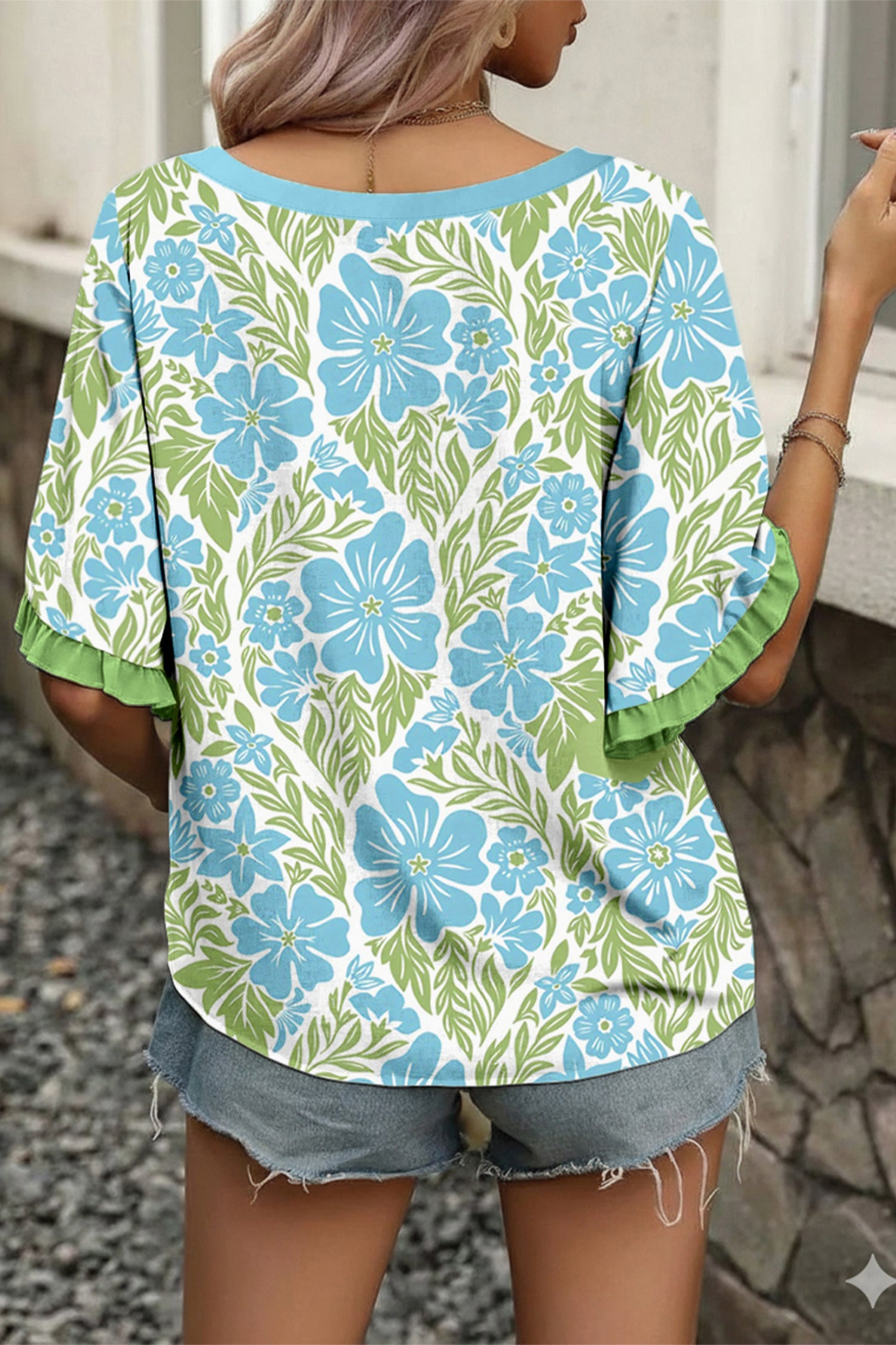 Sky Blue Floral Print Ruffled Color Block Trim Half Sleeve Blouse-Tops/Blouses & Shirts-[Adult]-[Female]-2022 Online Blue Zone Planet