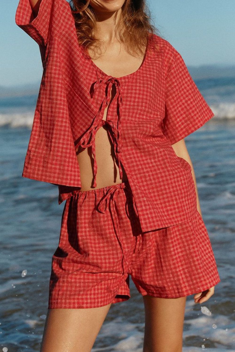 Plaid Tied Scoop Neck Short Sleeve Top and Drawstring Shorts Set-TOPS / DRESSES-[Adult]-[Female]-2022 Online Blue Zone Planet