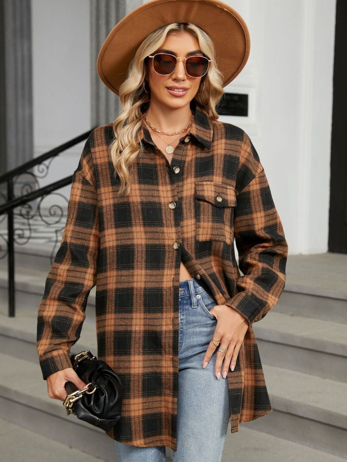 Plaid Collared Neck Long Sleeve Shirt-TOPS / DRESSES-[Adult]-[Female]-Caramel-S-2022 Online Blue Zone Planet